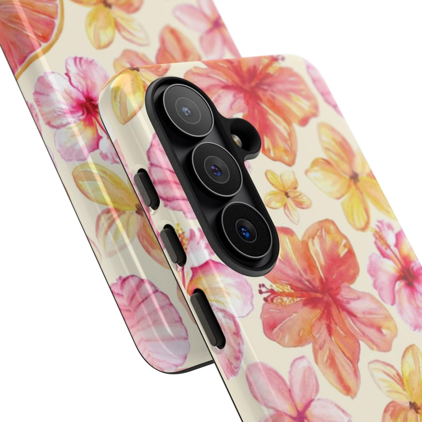 Tropical Hibiscus Tough Phone Case – Watercolor Floral & Citrus Protective Cover