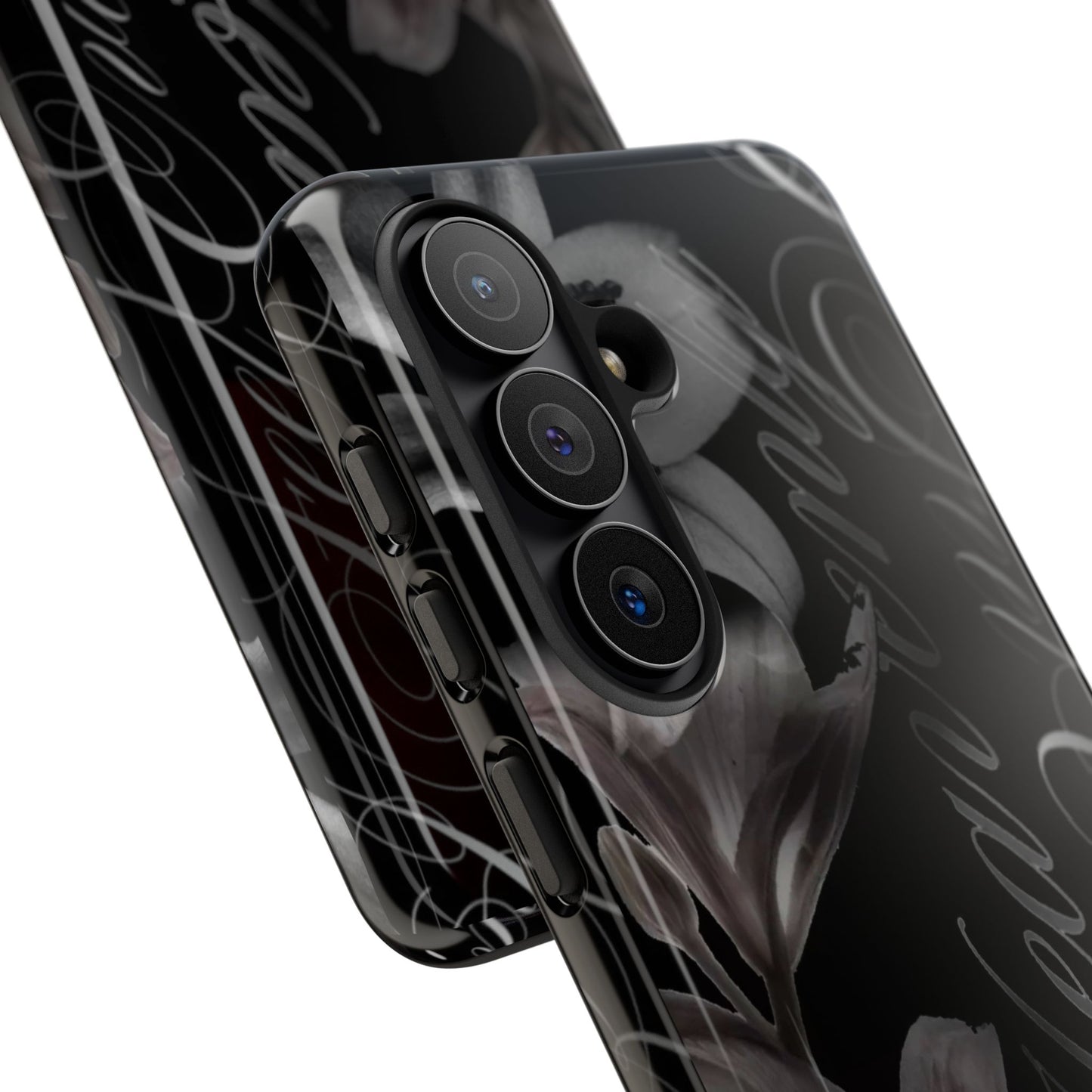 Floral Script Tough Phone Case – Black Lily Protective Cover