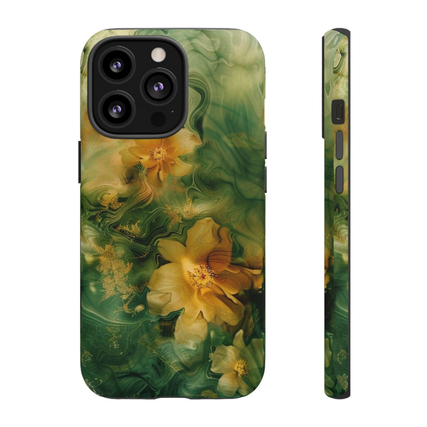 Floral Swirl Phone Case — Green & Gold Vintage Flower Design