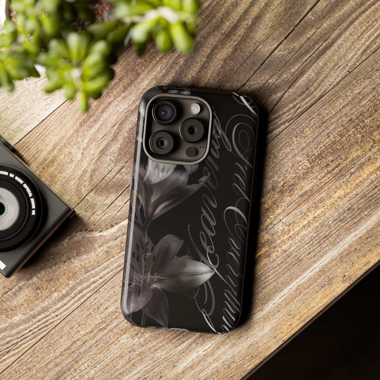 Floral Script Tough Phone Case – Black Lily Protective Cover