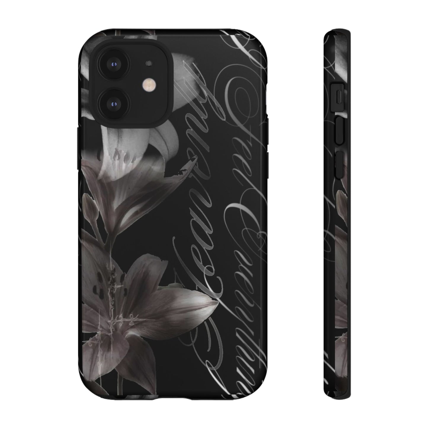 Floral Script Tough Phone Case – Black Lily Protective Cover