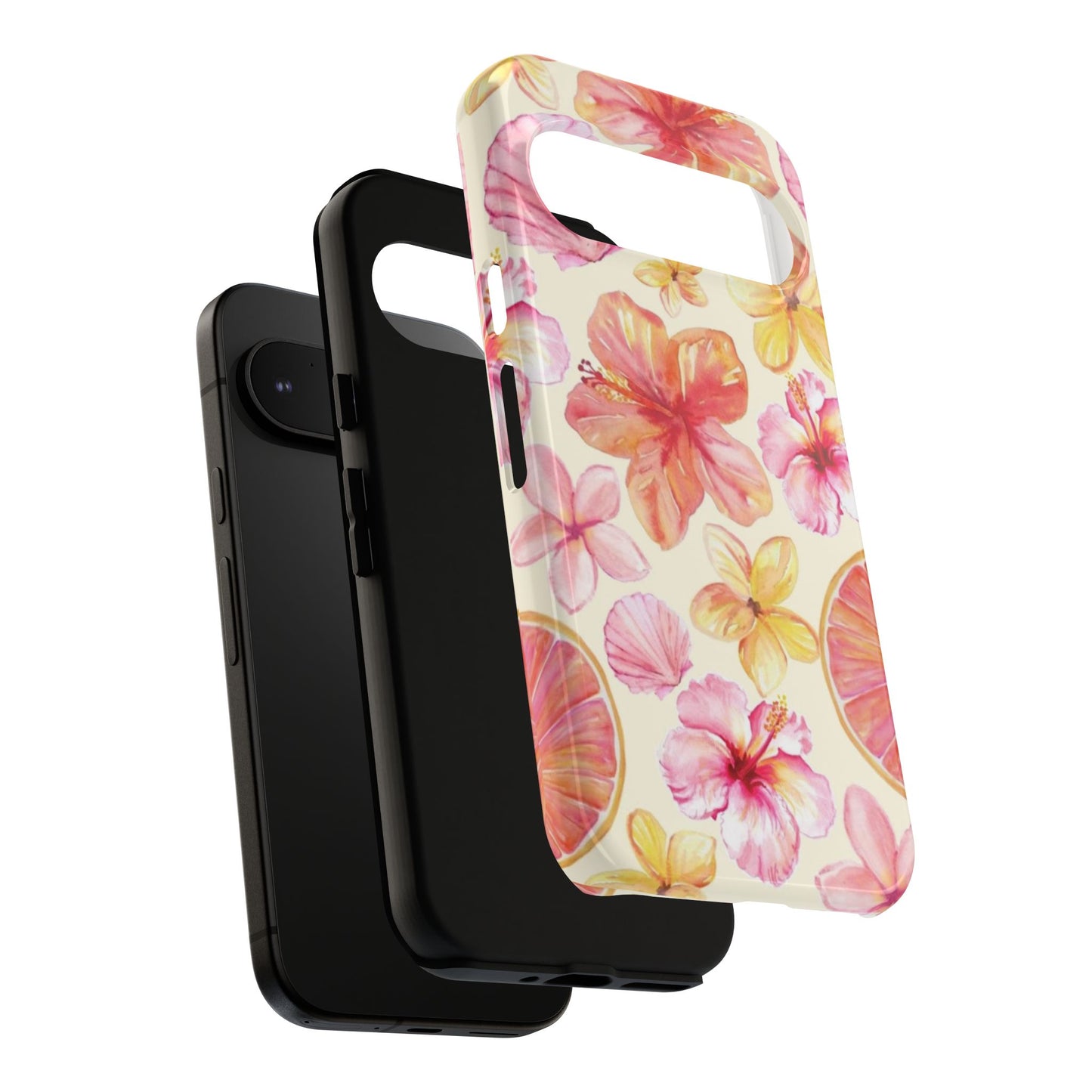 Tropical Hibiscus Tough Phone Case – Watercolor Floral & Citrus Protective Cover