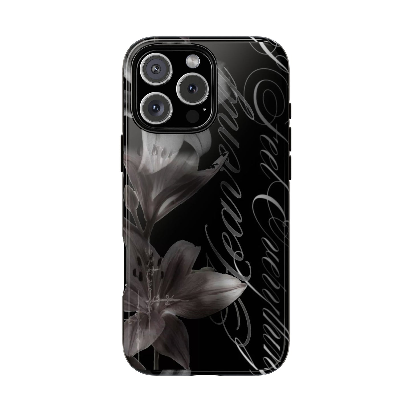 Floral Script Tough Phone Case – Black Lily Protective Cover