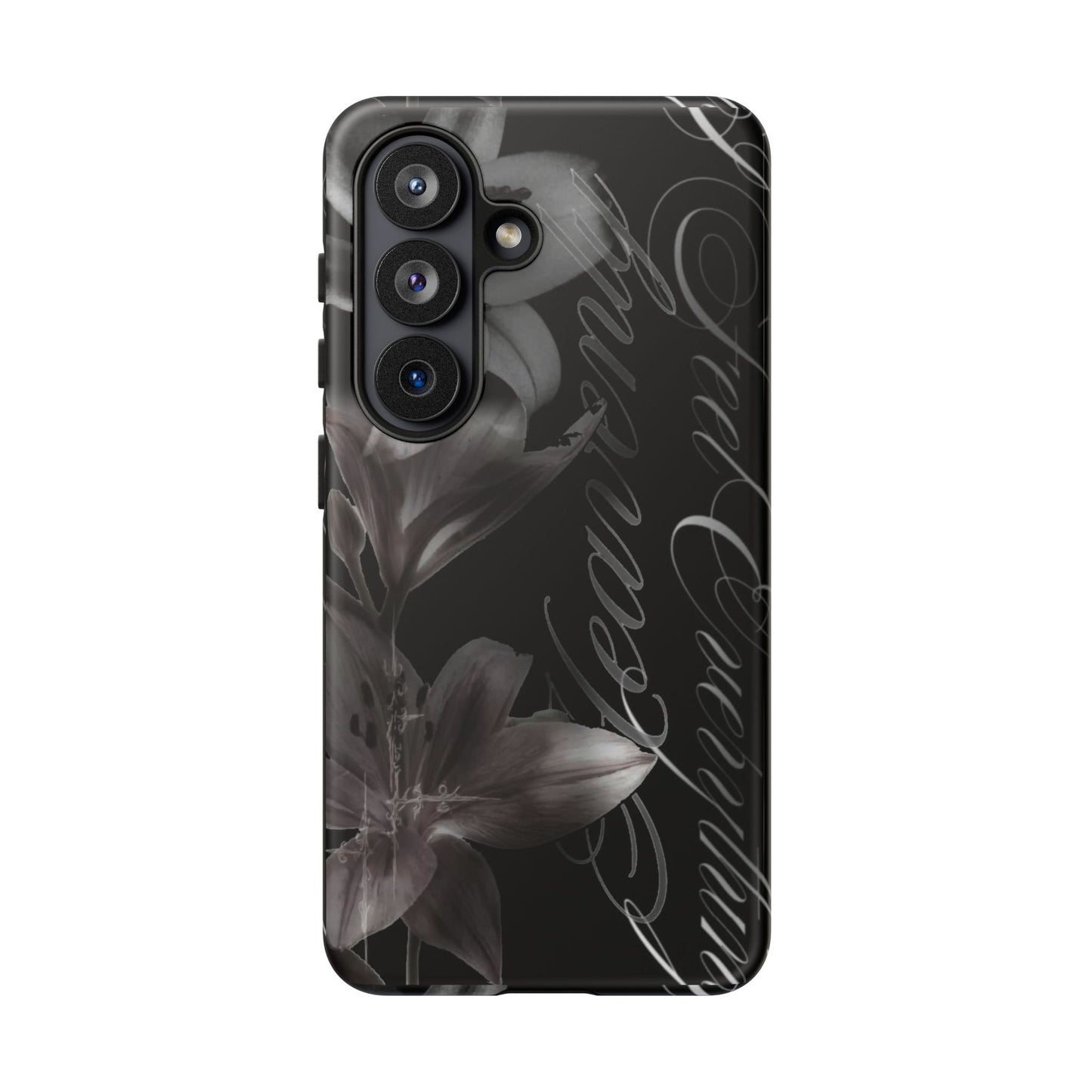 Floral Script Tough Phone Case – Black Lily Protective Cover