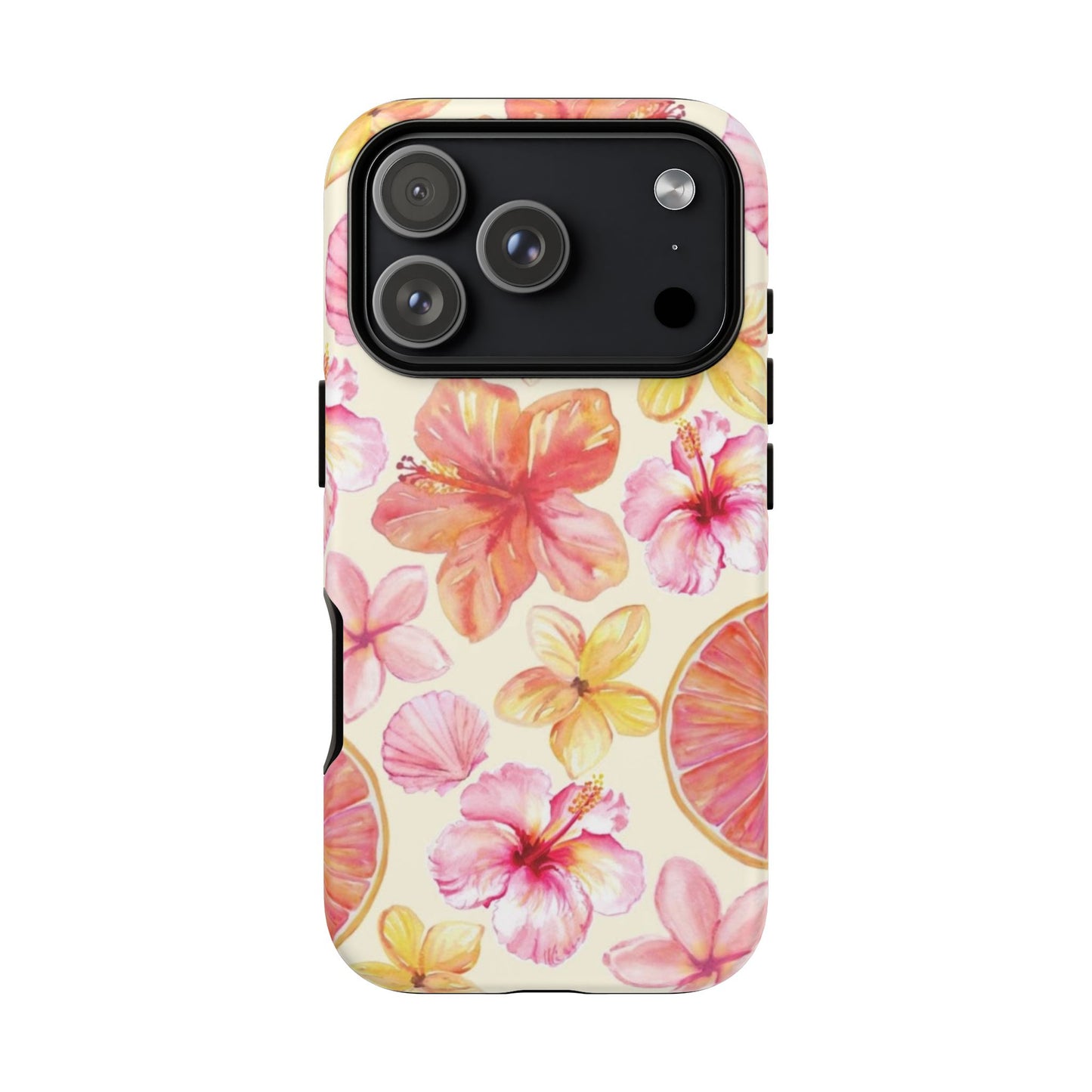 Tropical Hibiscus Tough Phone Case – Watercolor Floral & Citrus Protective Cover