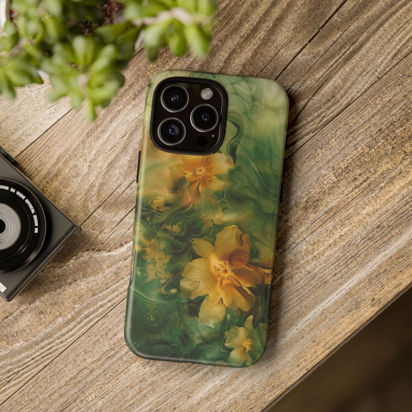 Floral Swirl Phone Case — Green & Gold Vintage Flower Design