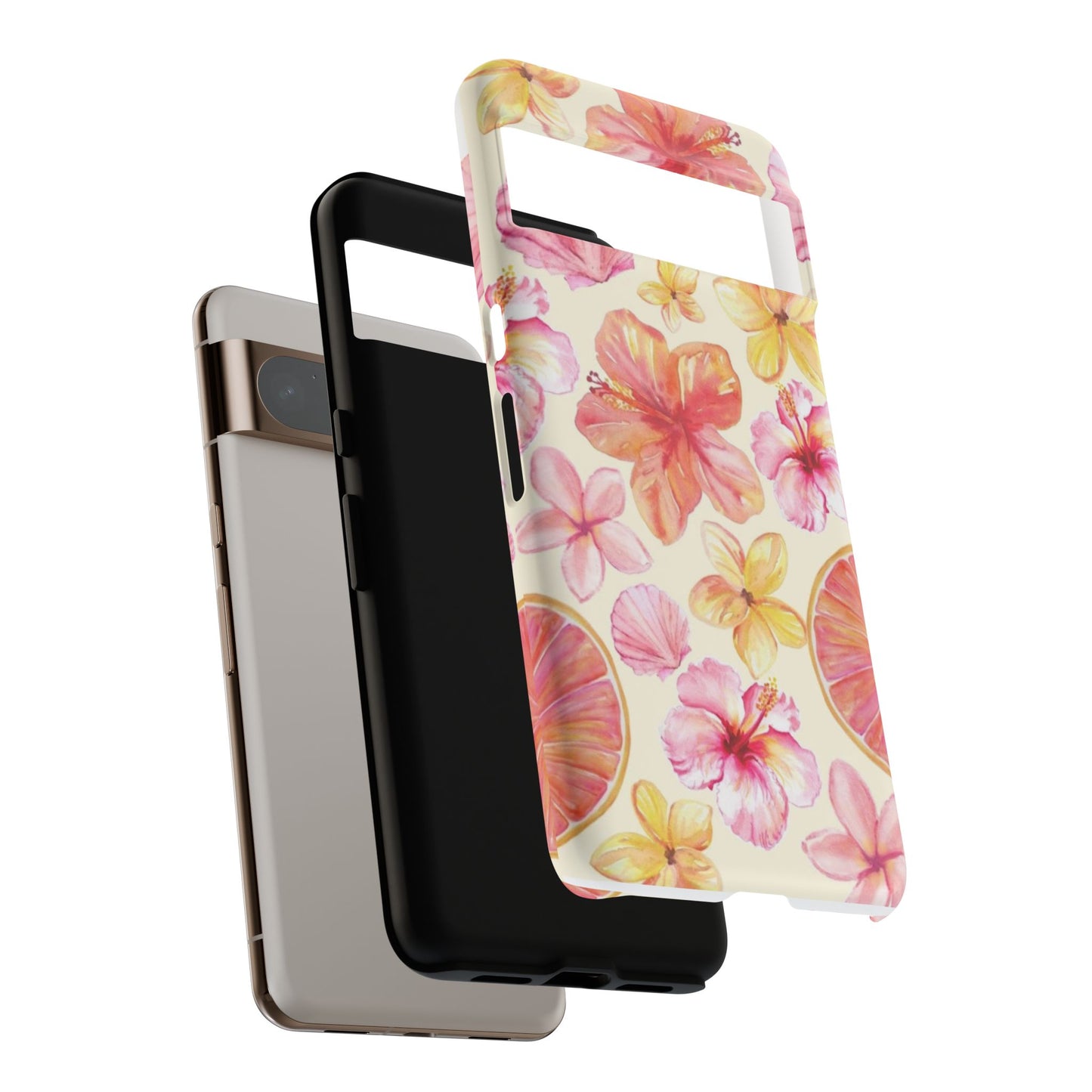 Tropical Hibiscus Tough Phone Case – Watercolor Floral & Citrus Protective Cover