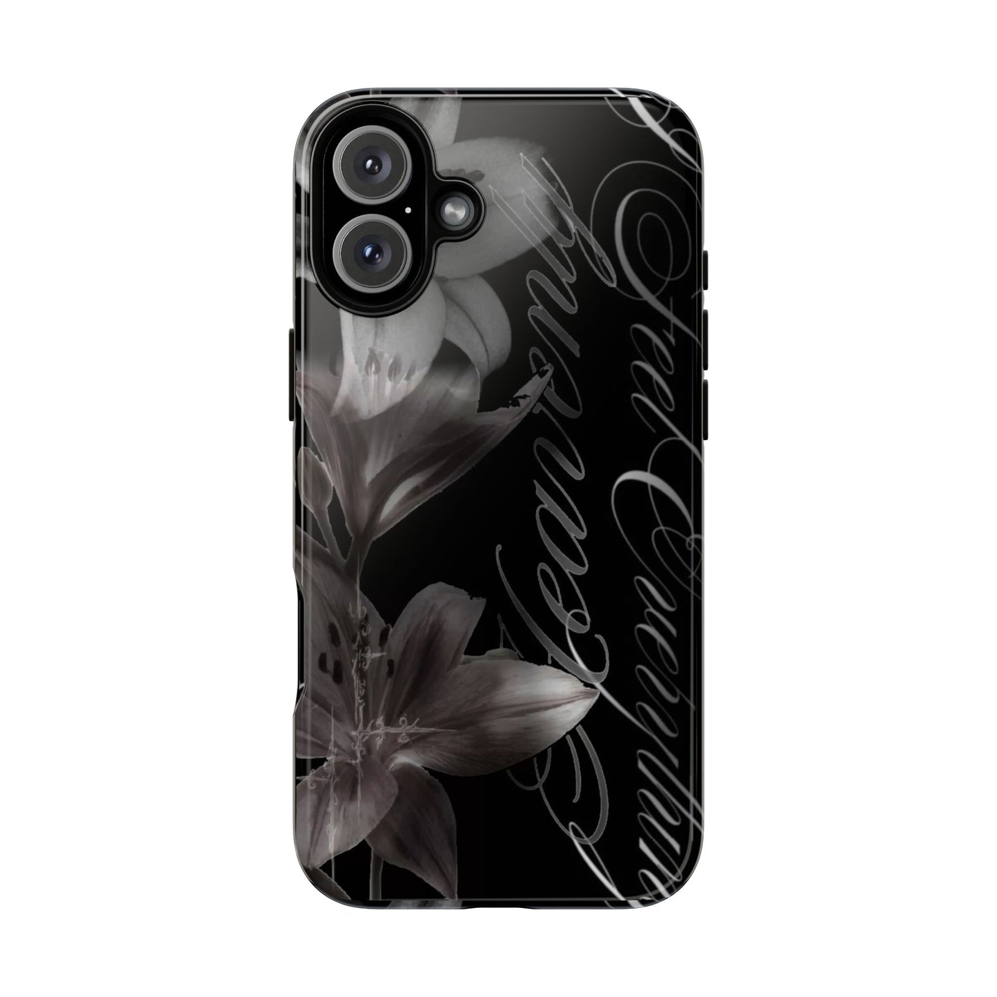Floral Script Tough Phone Case – Black Lily Protective Cover