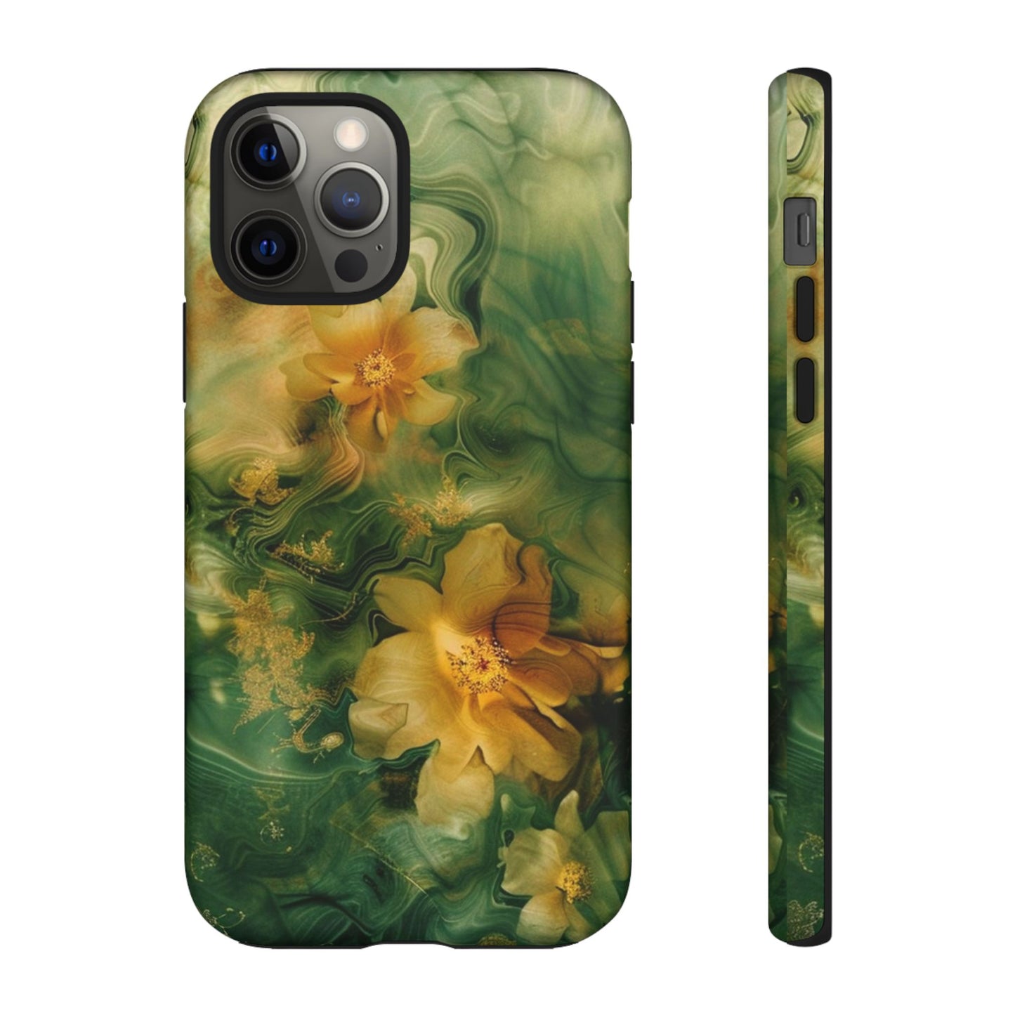 Floral Swirl Phone Case — Green & Gold Vintage Flower Design