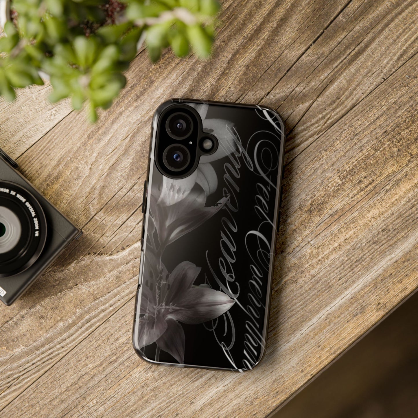 Floral Script Tough Phone Case – Black Lily Protective Cover