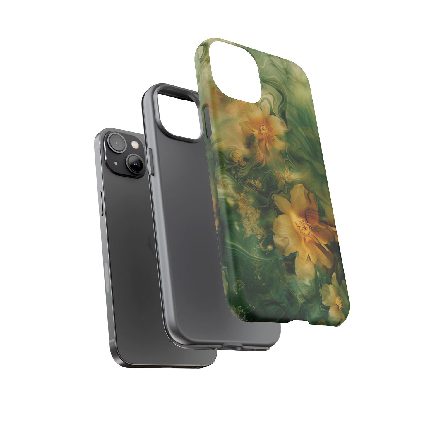 Floral Swirl Phone Case — Green & Gold Vintage Flower Design