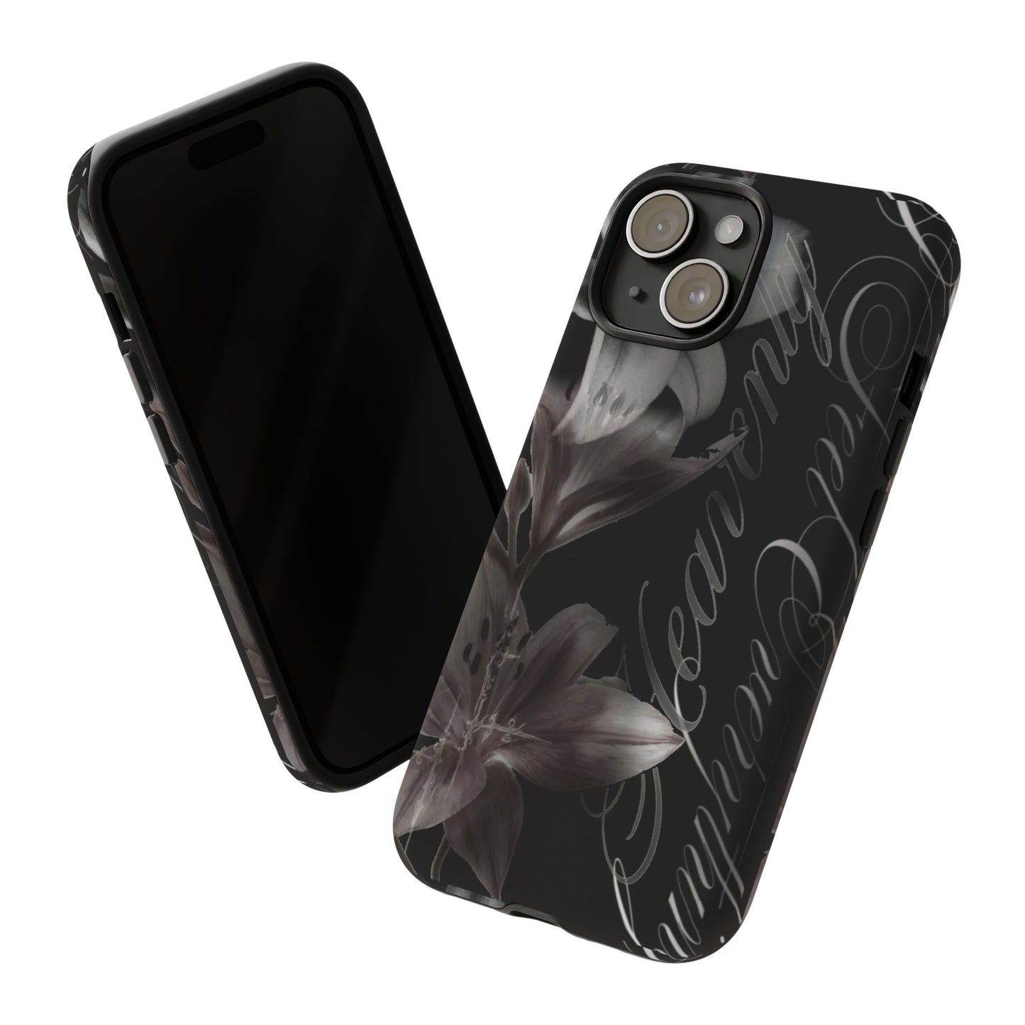 Floral Script Tough Phone Case – Black Lily Protective Cover