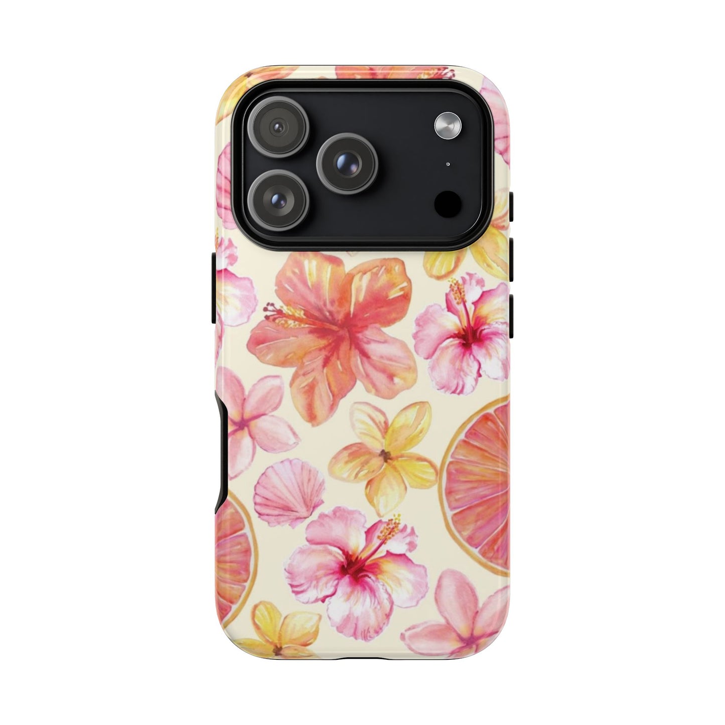 Tropical Hibiscus Tough Phone Case – Watercolor Floral & Citrus Protective Cover