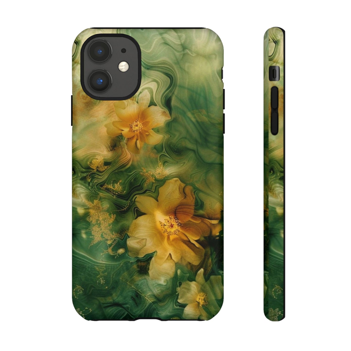 Floral Swirl Phone Case — Green & Gold Vintage Flower Design
