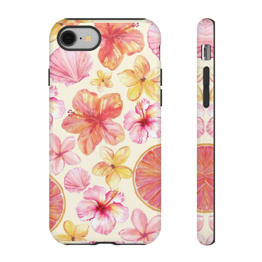 Tropical Hibiscus Tough Phone Case – Watercolor Floral & Citrus Protective Cover