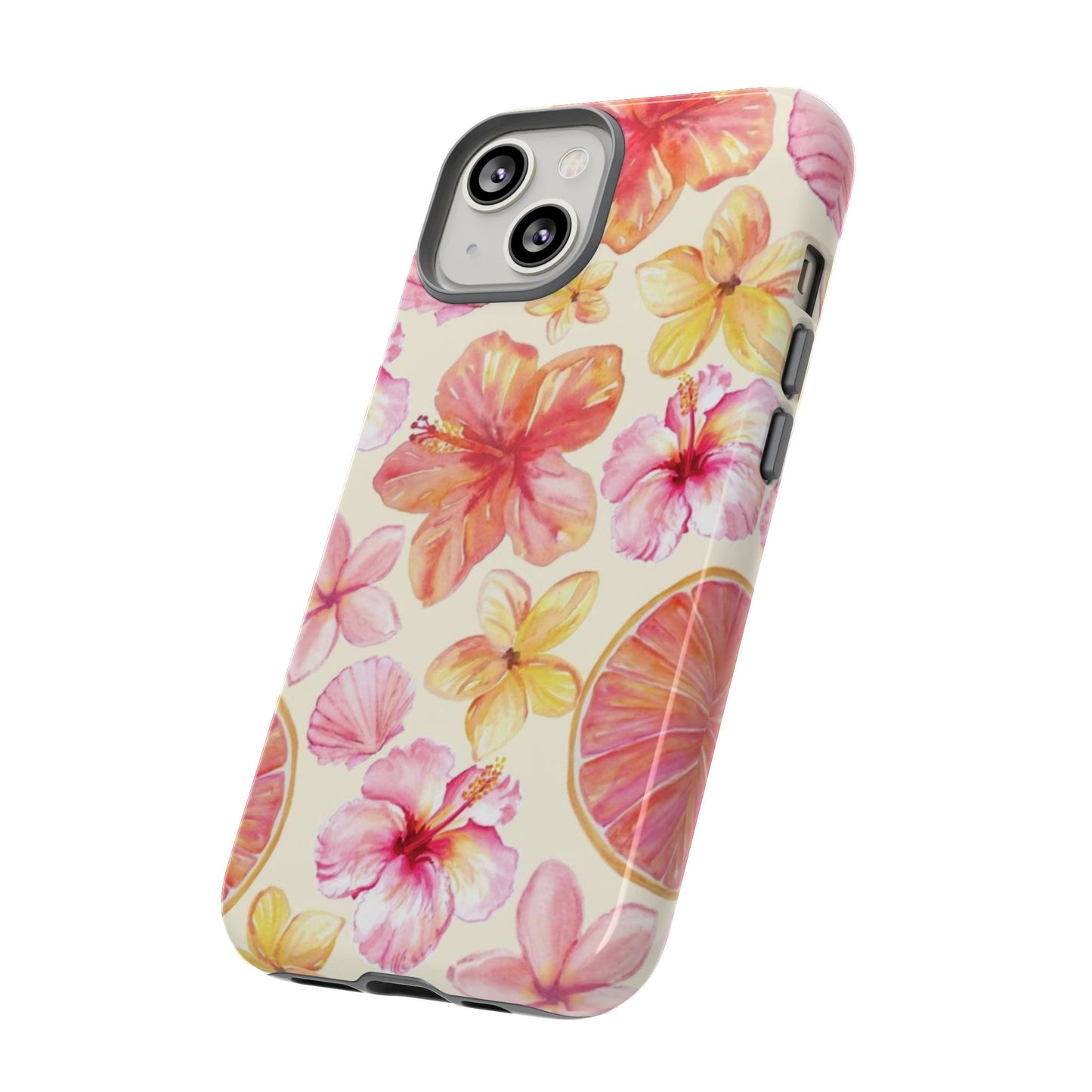 Tropical Hibiscus Tough Phone Case – Watercolor Floral & Citrus Protective Cover