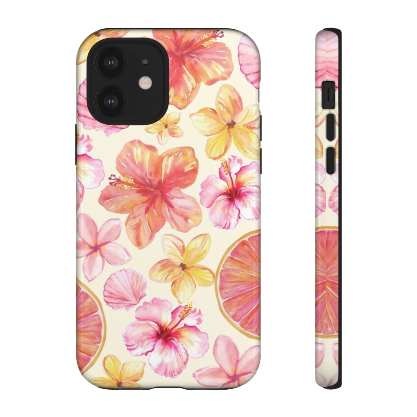 Tropical Hibiscus Tough Phone Case – Watercolor Floral & Citrus Protective Cover