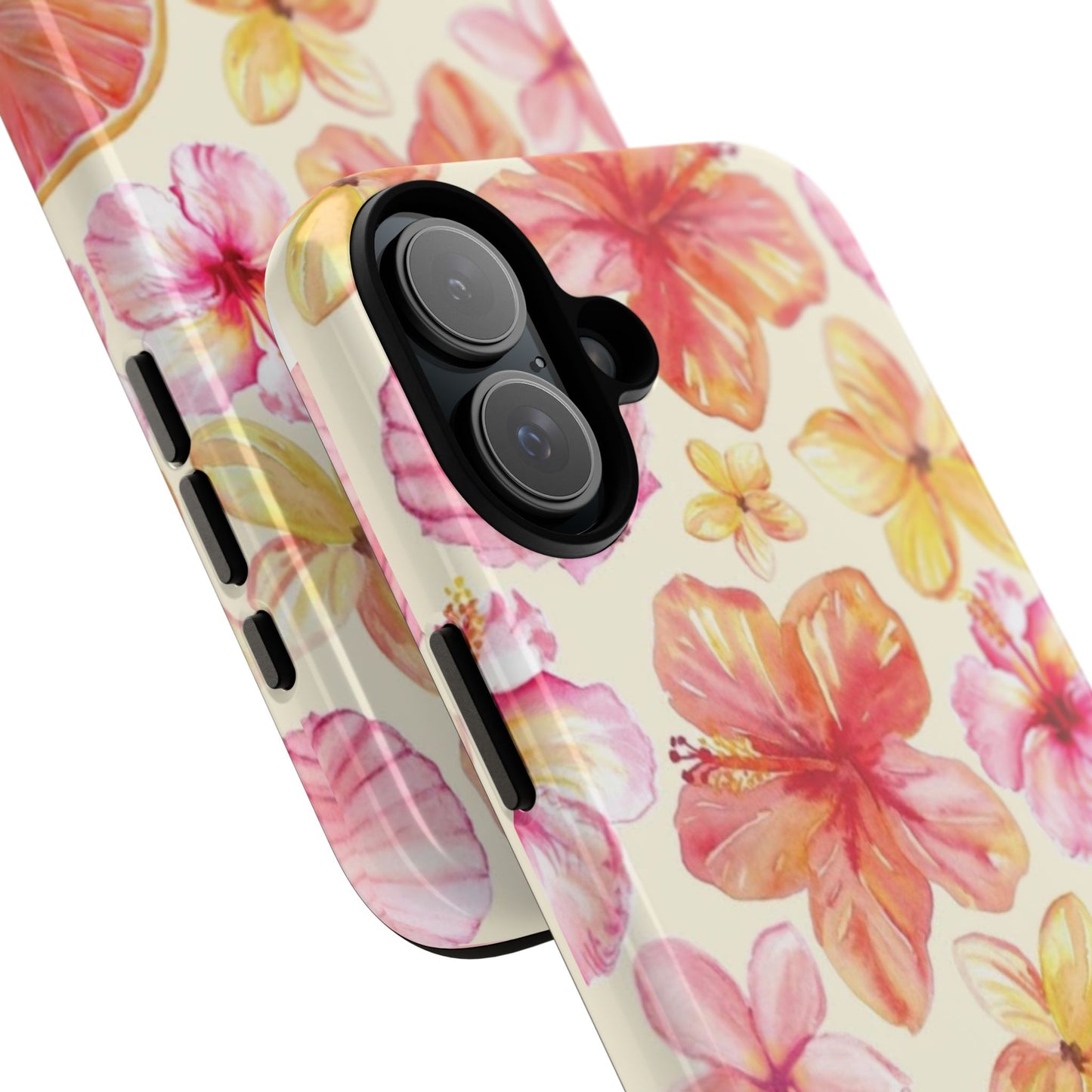 Tropical Hibiscus Tough Phone Case – Watercolor Floral & Citrus Protective Cover