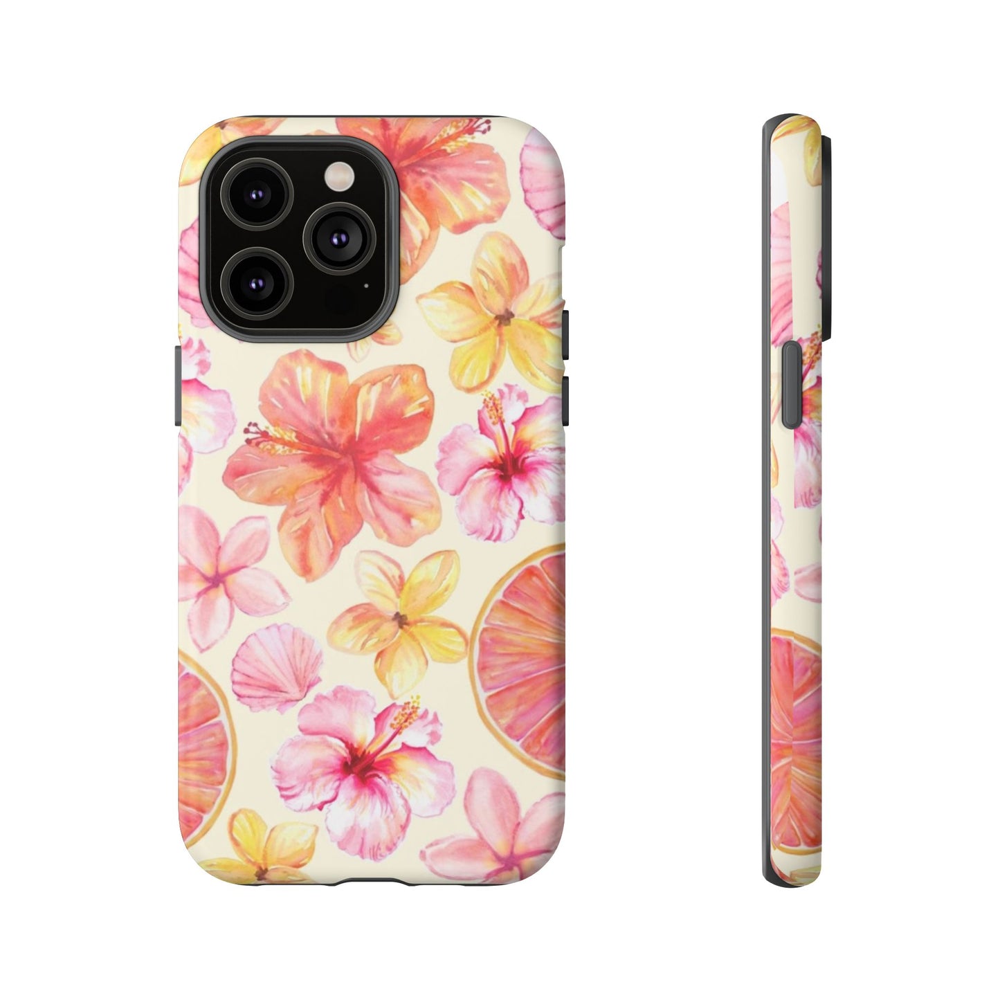 Tropical Hibiscus Tough Phone Case – Watercolor Floral & Citrus Protective Cover