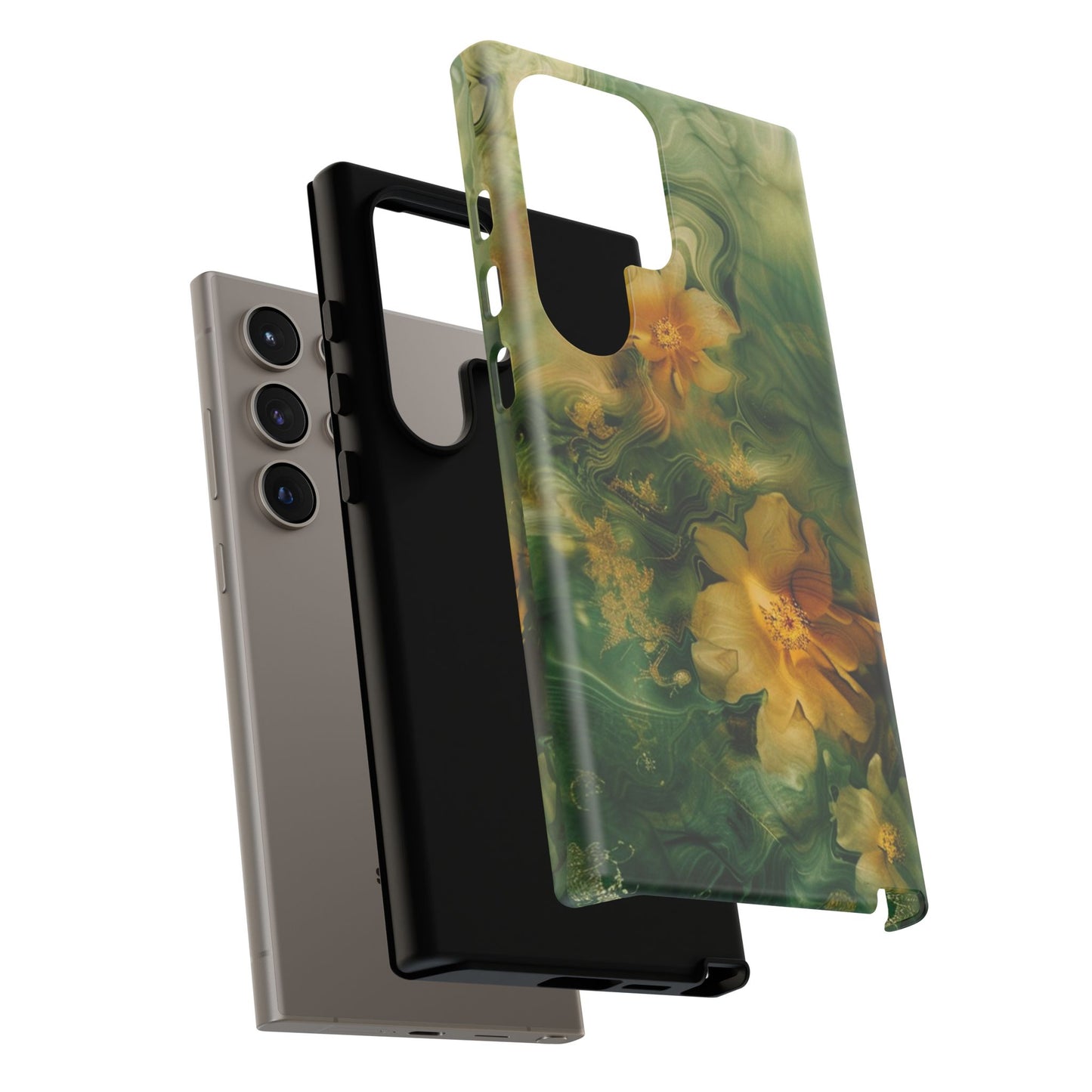 Floral Swirl Phone Case — Green & Gold Vintage Flower Design