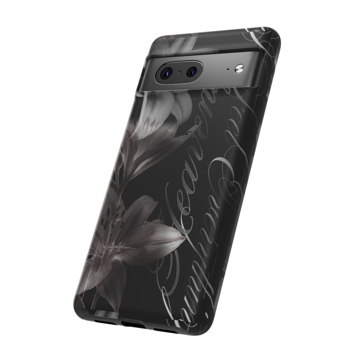 Floral Script Tough Phone Case – Black Lily Protective Cover