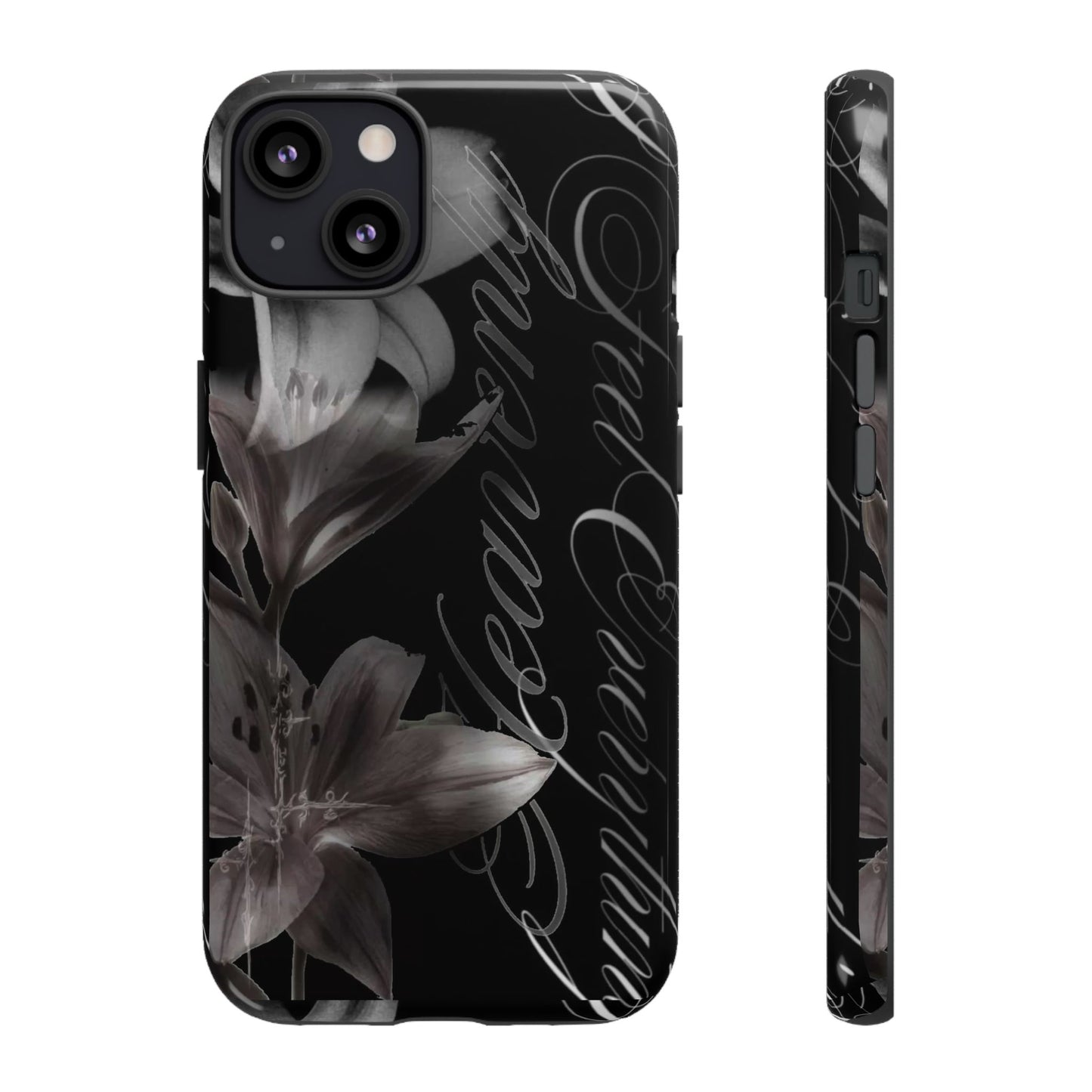 Floral Script Tough Phone Case – Black Lily Protective Cover
