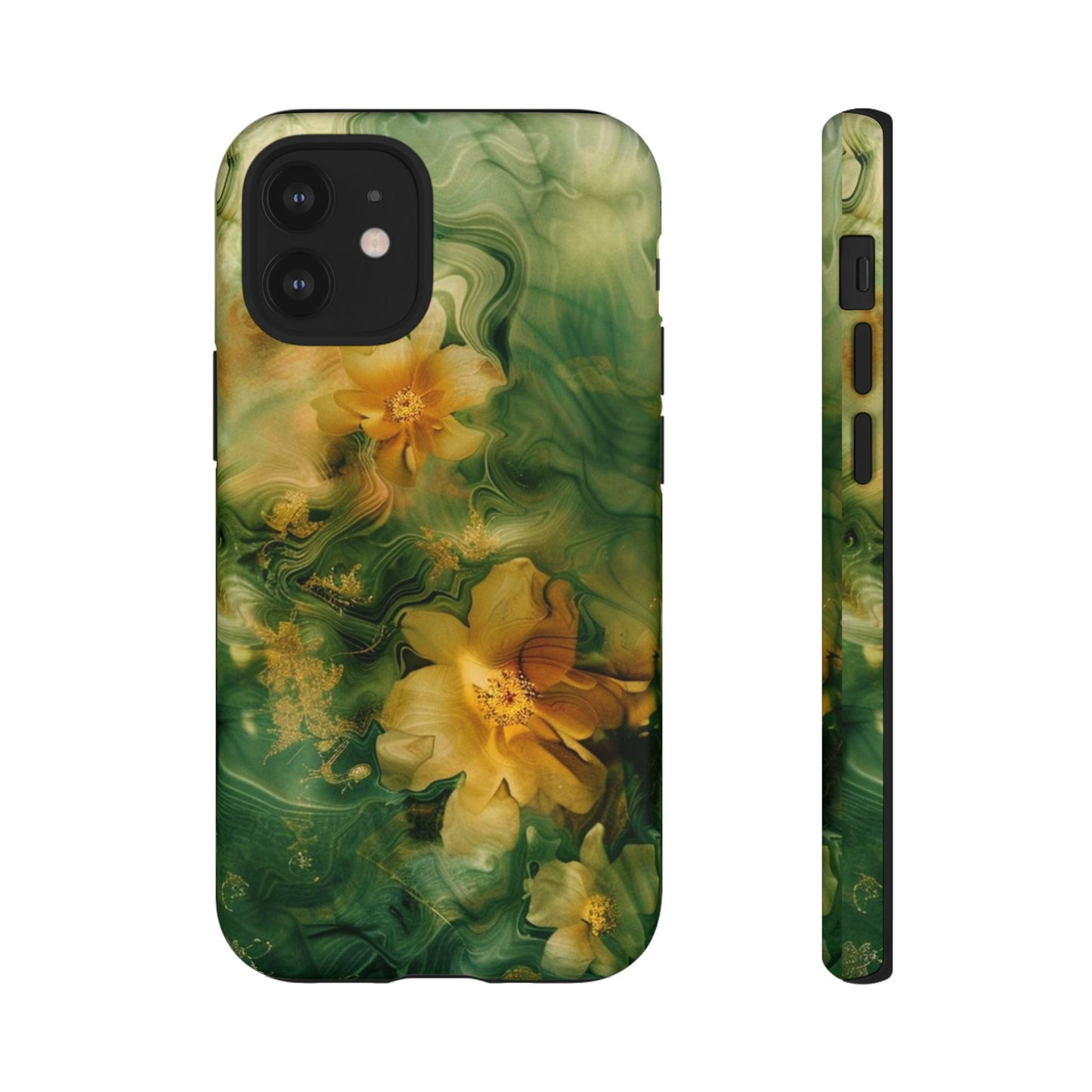 Floral Swirl Phone Case — Green & Gold Vintage Flower Design
