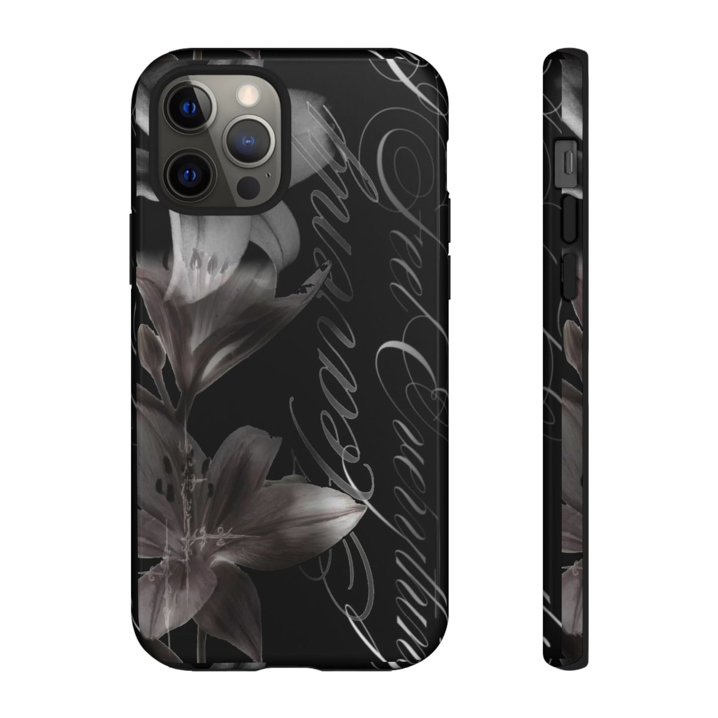 Floral Script Tough Phone Case – Black Lily Protective Cover