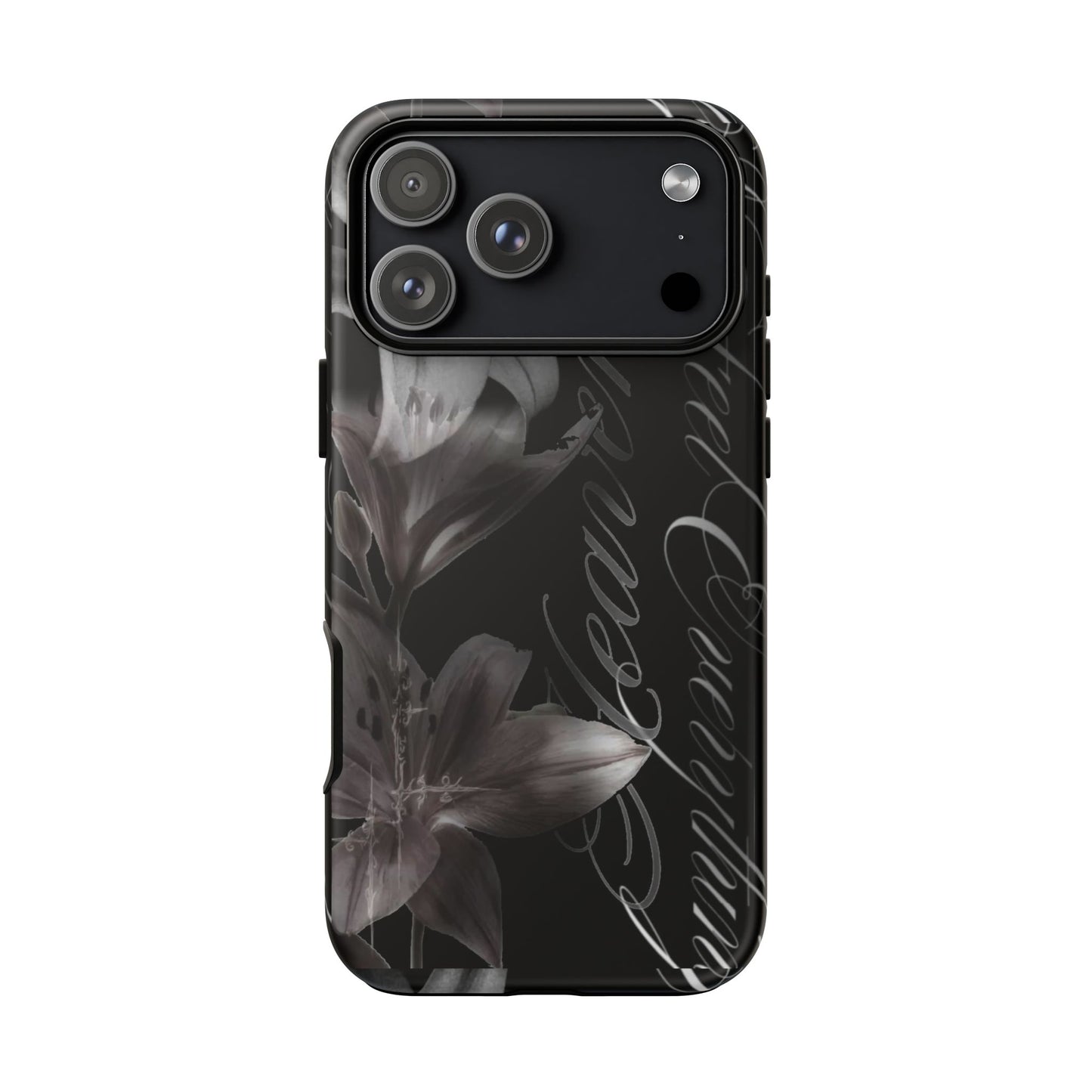 Floral Script Tough Phone Case – Black Lily Protective Cover