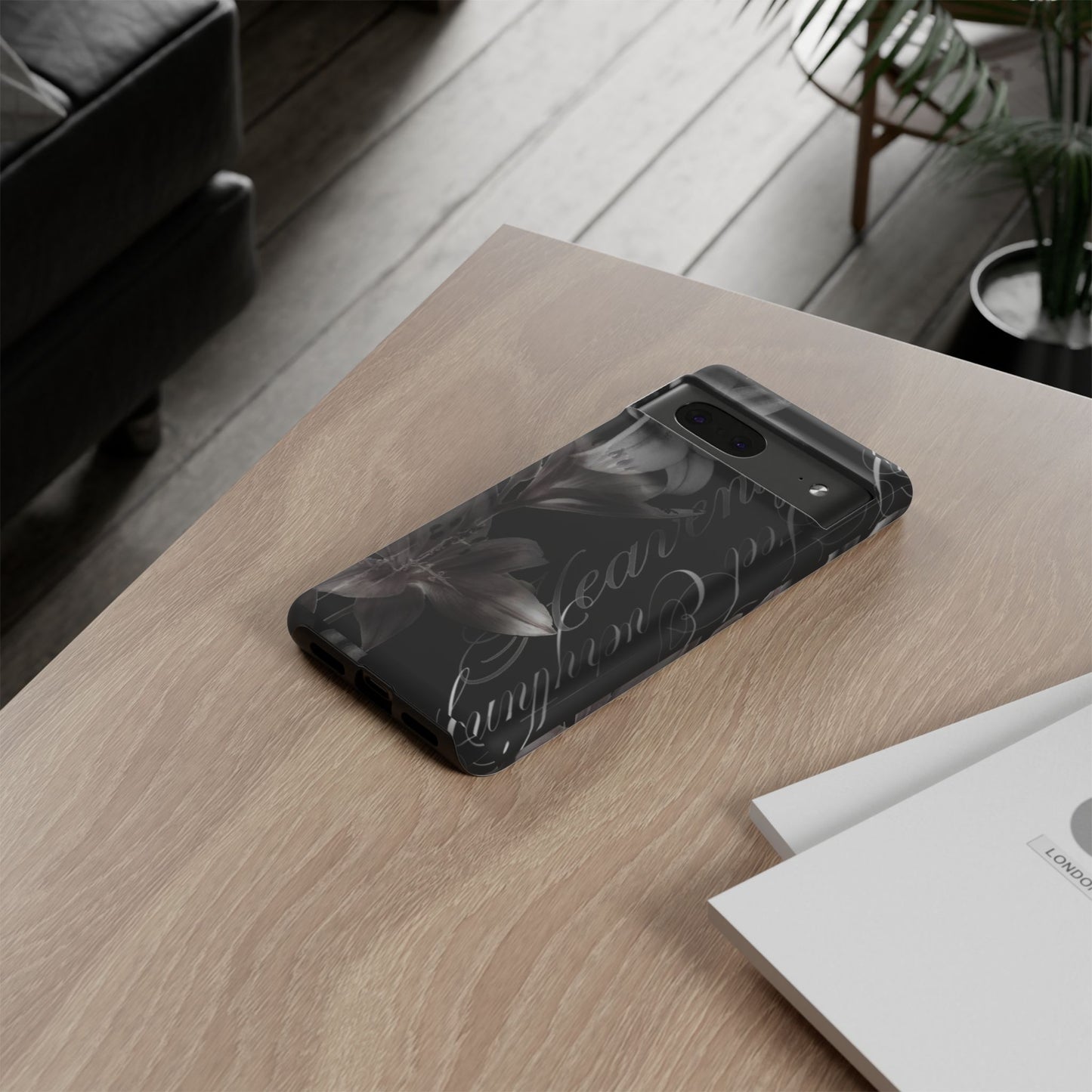 Floral Script Tough Phone Case – Black Lily Protective Cover