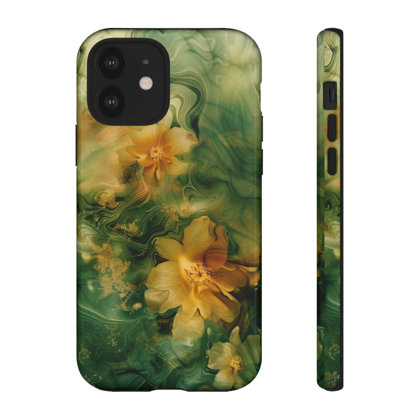 Floral Swirl Phone Case — Green & Gold Vintage Flower Design