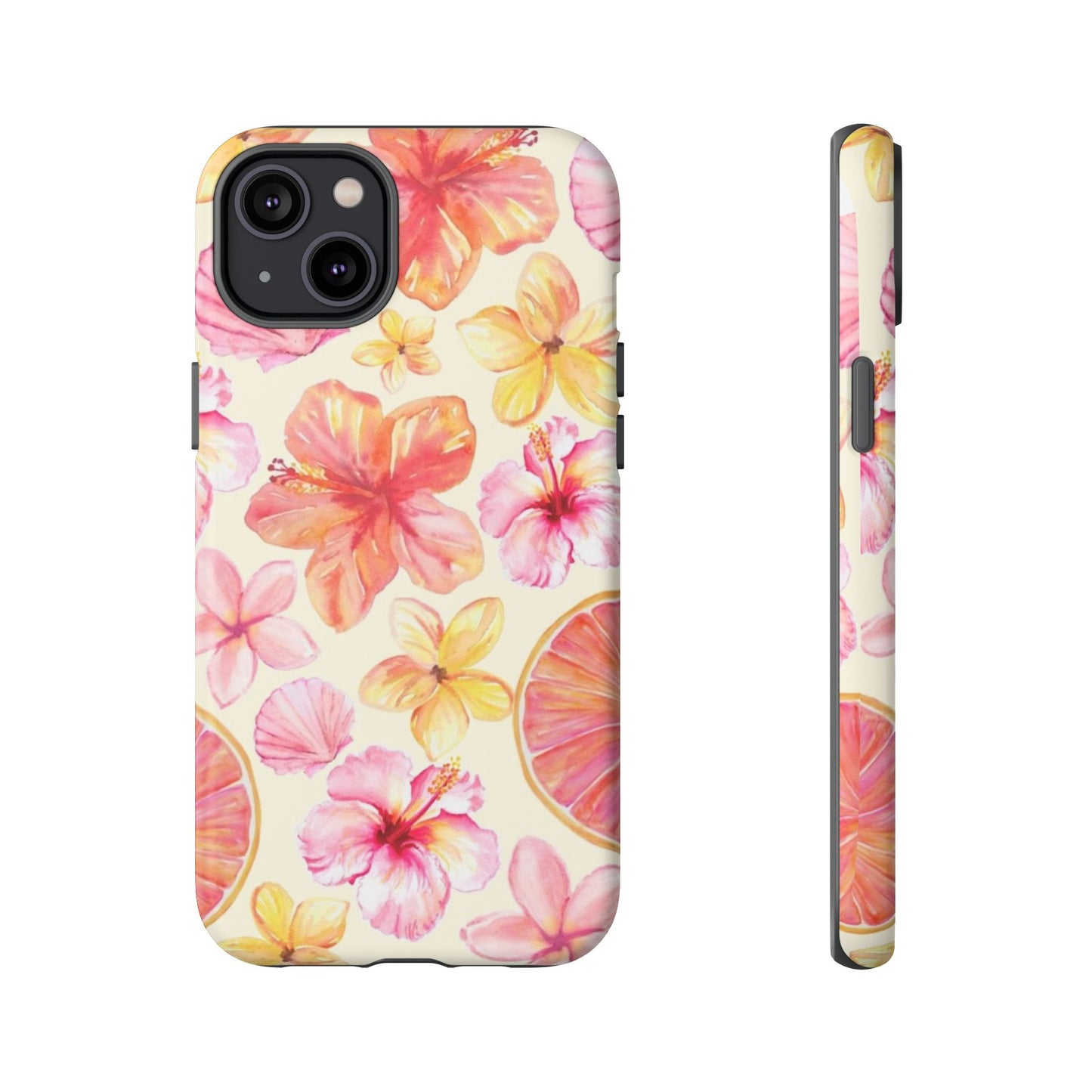Tropical Hibiscus Tough Phone Case – Watercolor Floral & Citrus Protective Cover