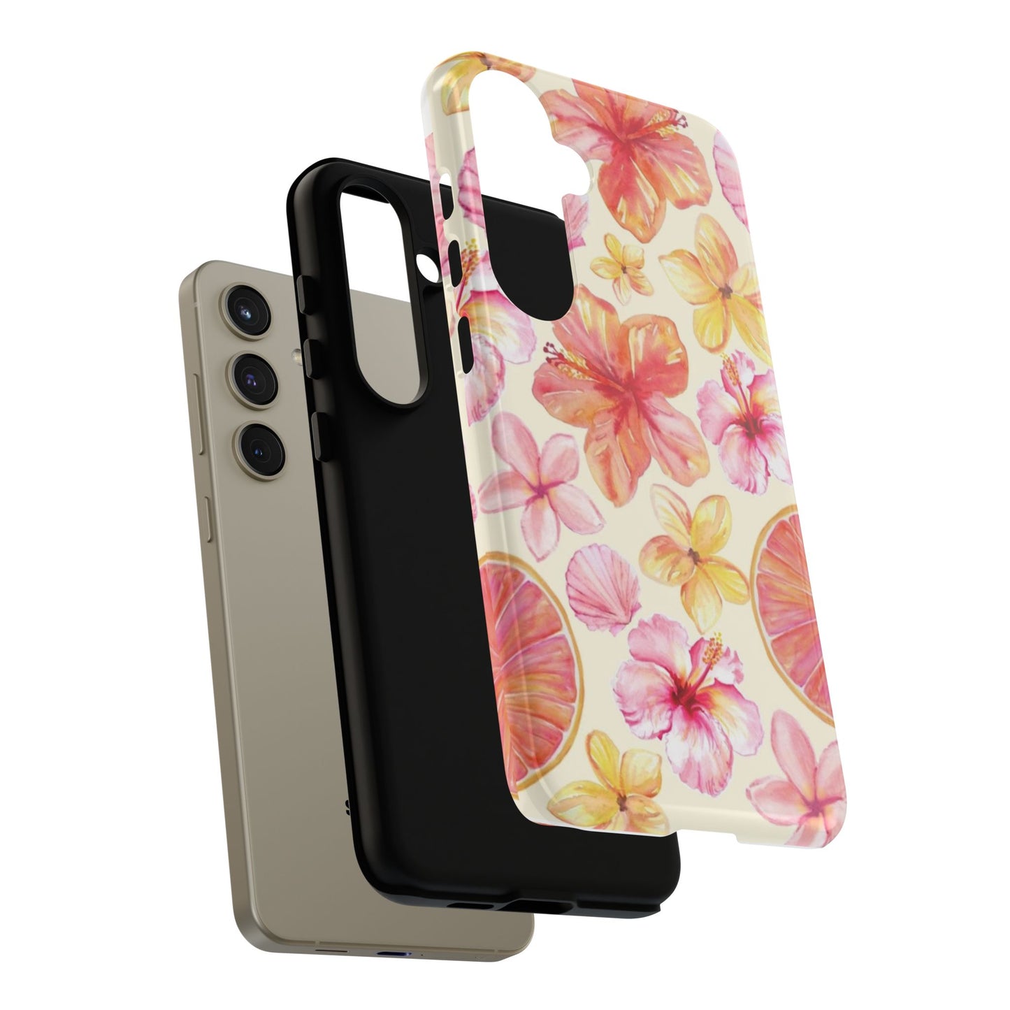 Tropical Hibiscus Tough Phone Case – Watercolor Floral & Citrus Protective Cover