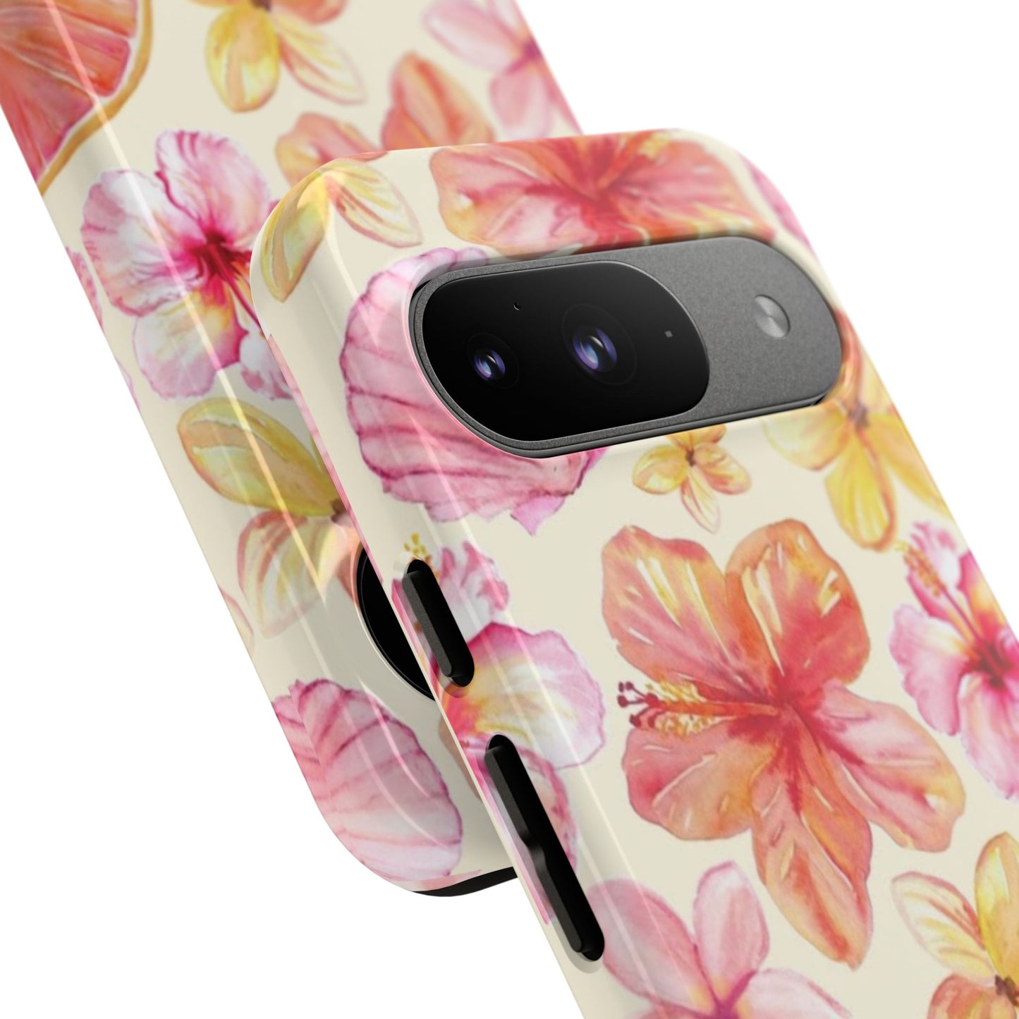Tropical Hibiscus Tough Phone Case – Watercolor Floral & Citrus Protective Cover