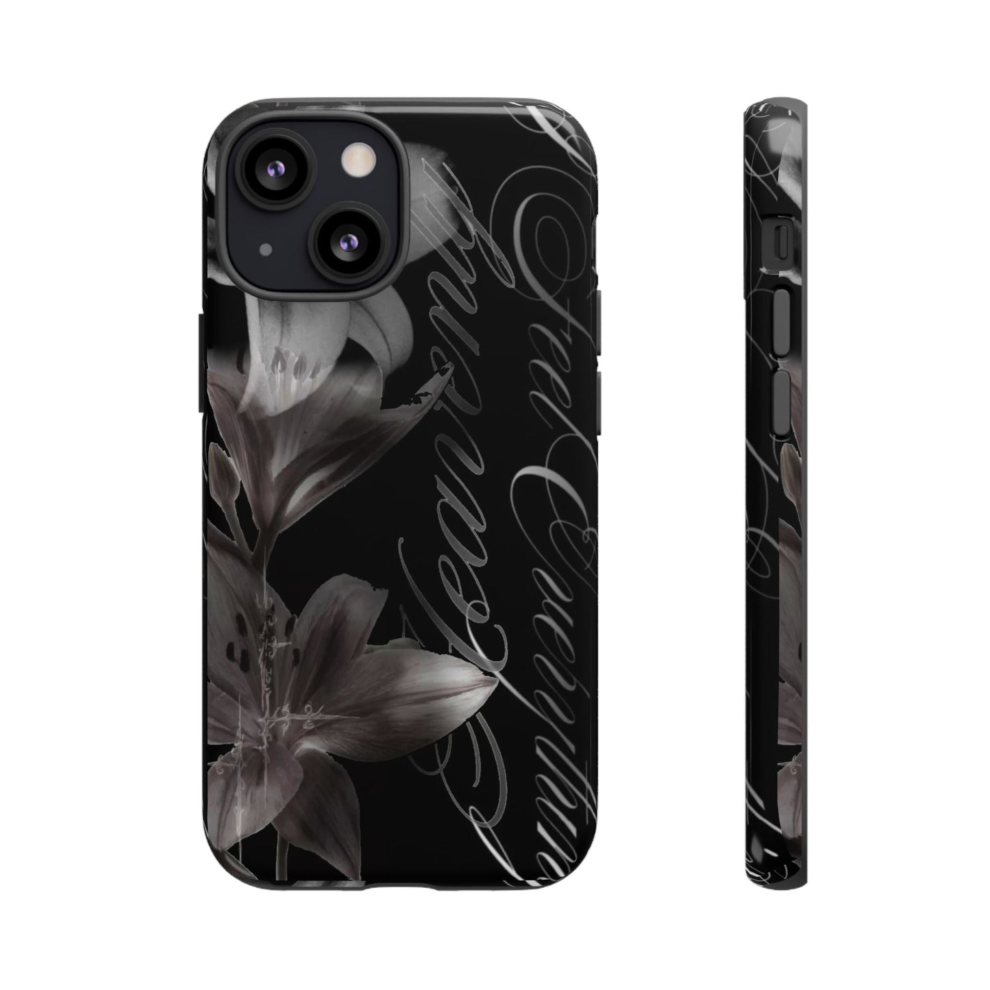 Floral Script Tough Phone Case – Black Lily Protective Cover
