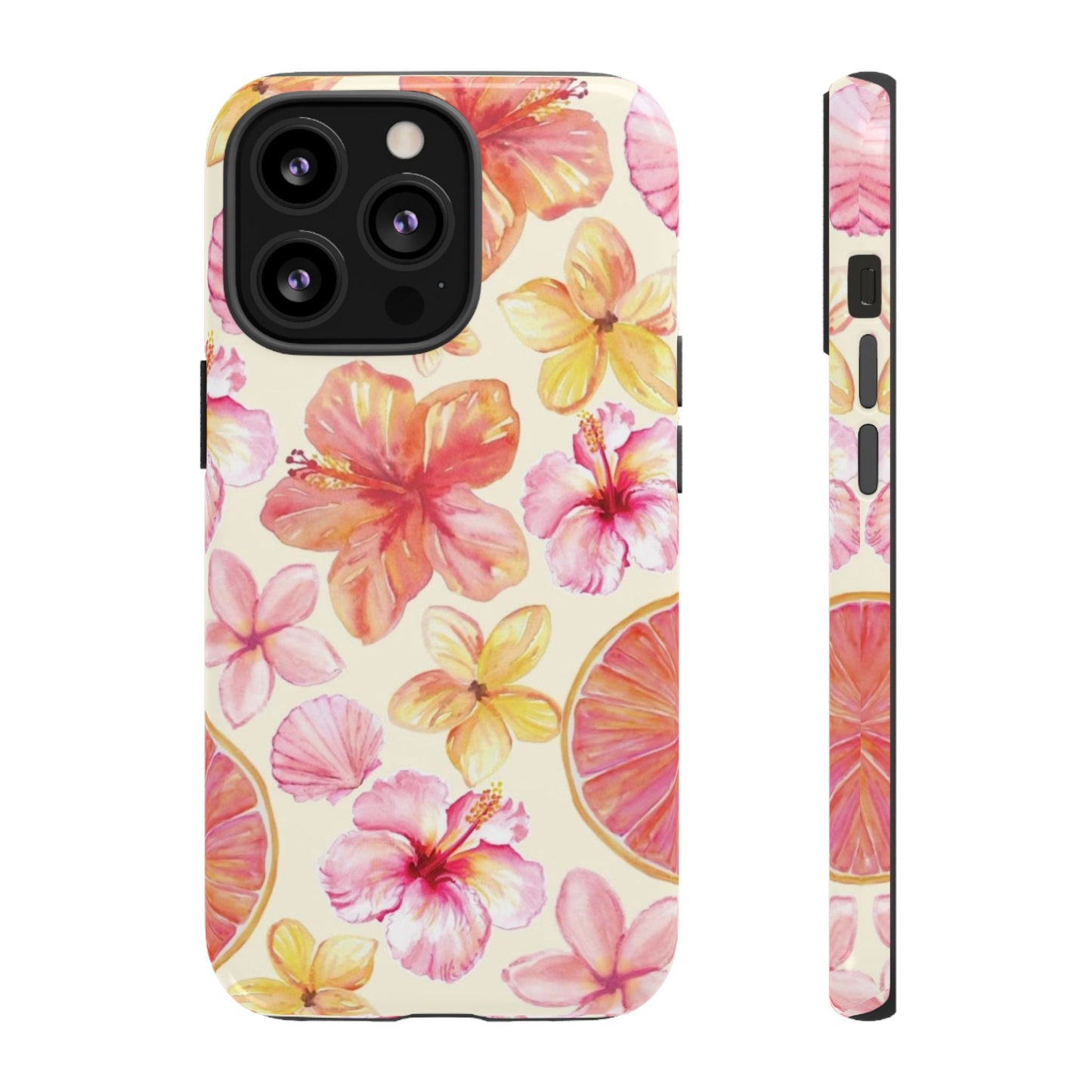 Tropical Hibiscus Tough Phone Case – Watercolor Floral & Citrus Protective Cover