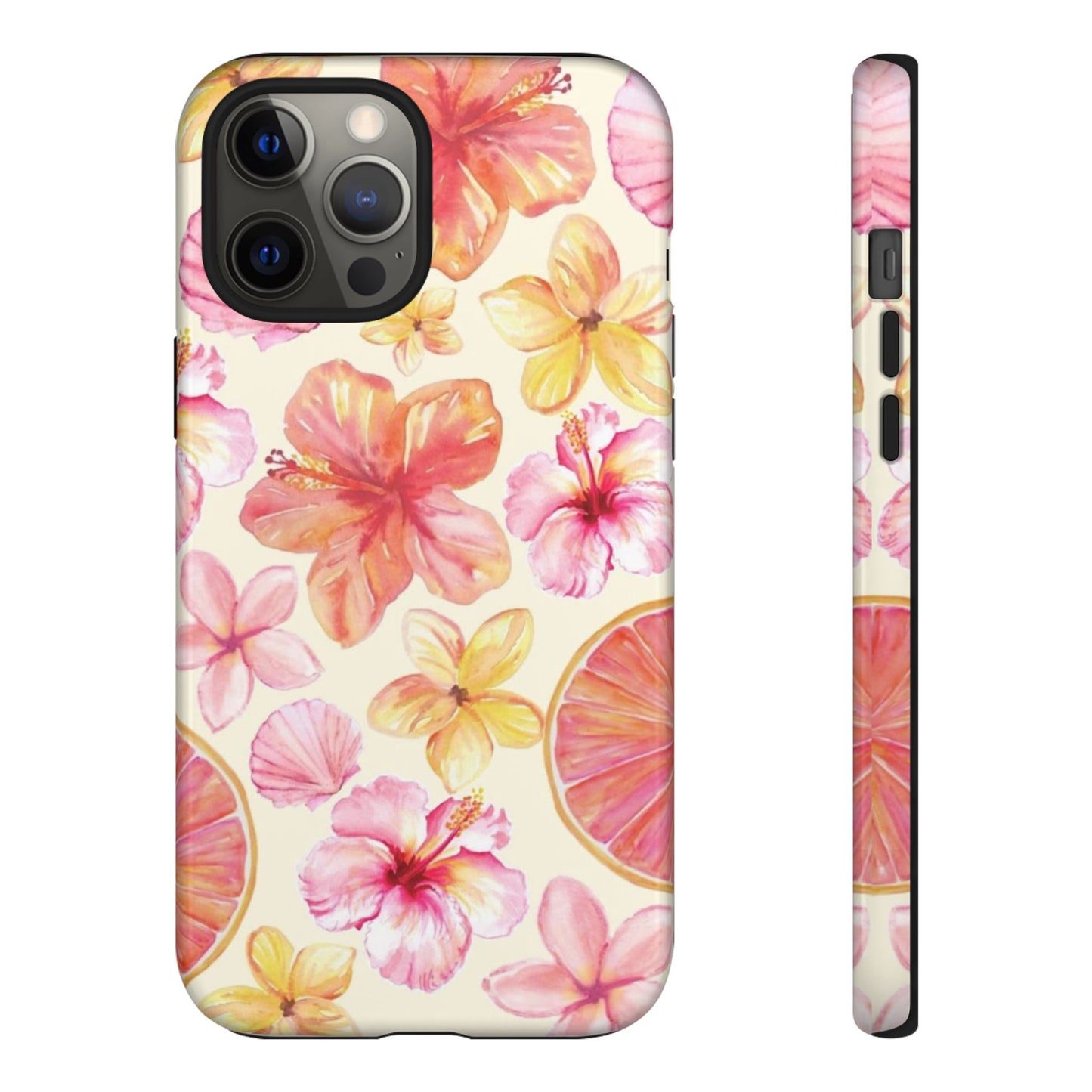 Tropical Hibiscus Tough Phone Case – Watercolor Floral & Citrus Protective Cover