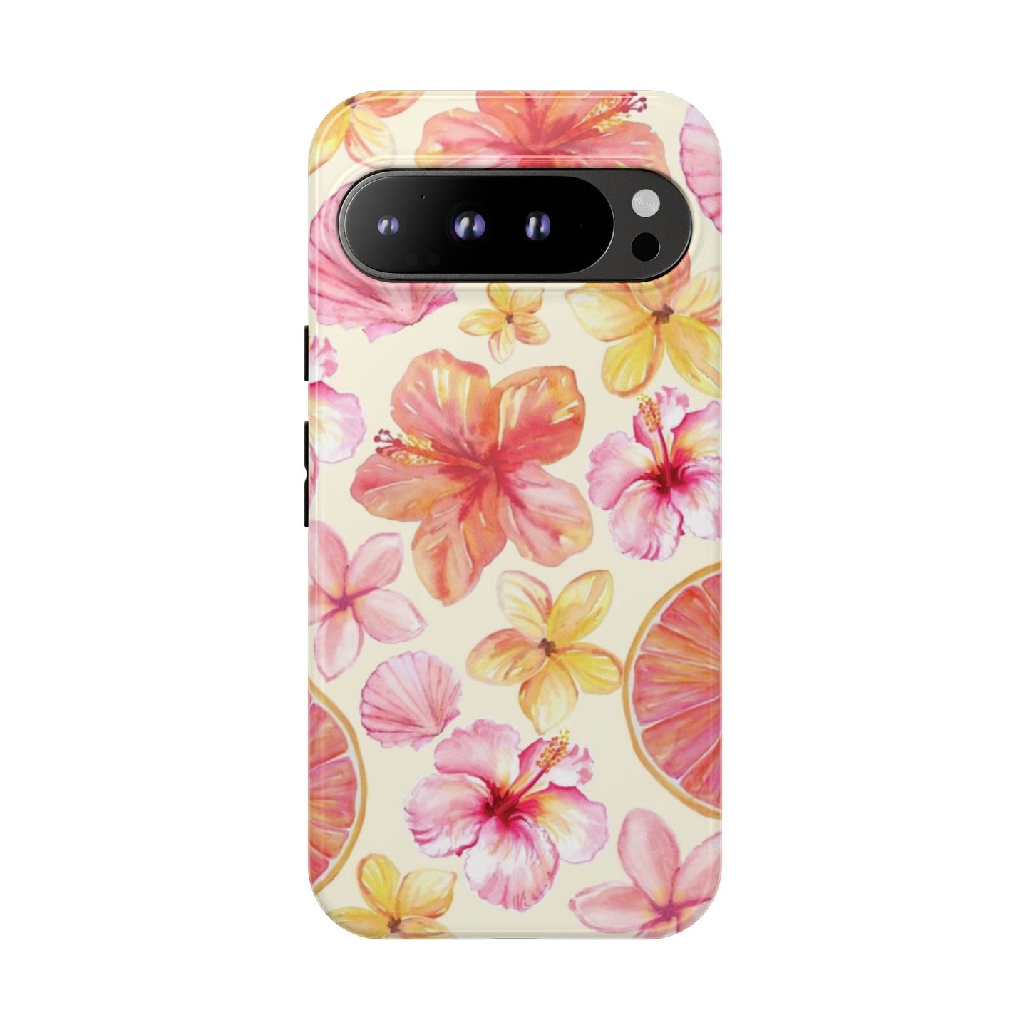 Tropical Hibiscus Tough Phone Case – Watercolor Floral & Citrus Protective Cover