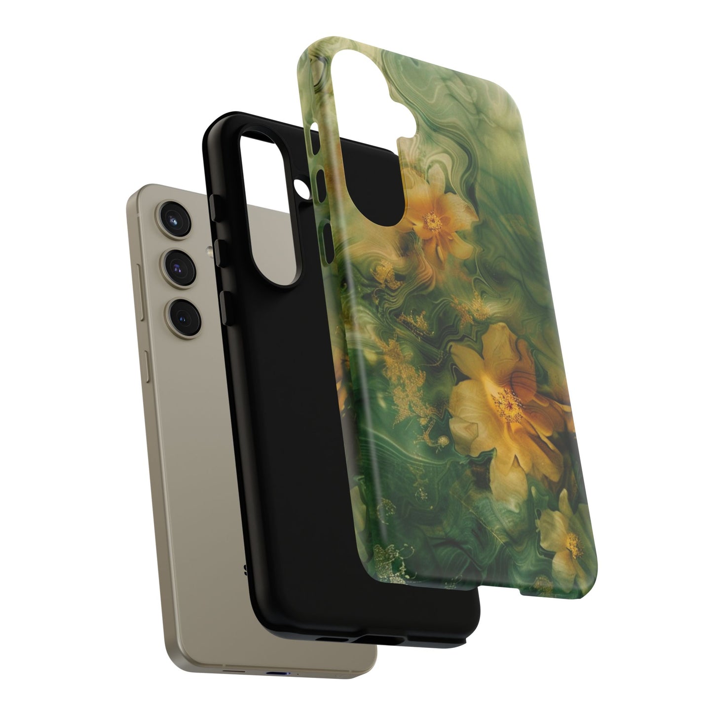 Floral Swirl Phone Case — Green & Gold Vintage Flower Design