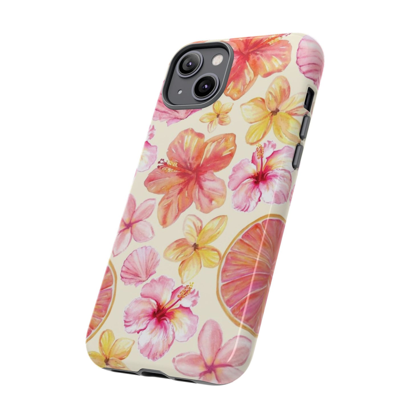 Tropical Hibiscus Tough Phone Case – Watercolor Floral & Citrus Protective Cover
