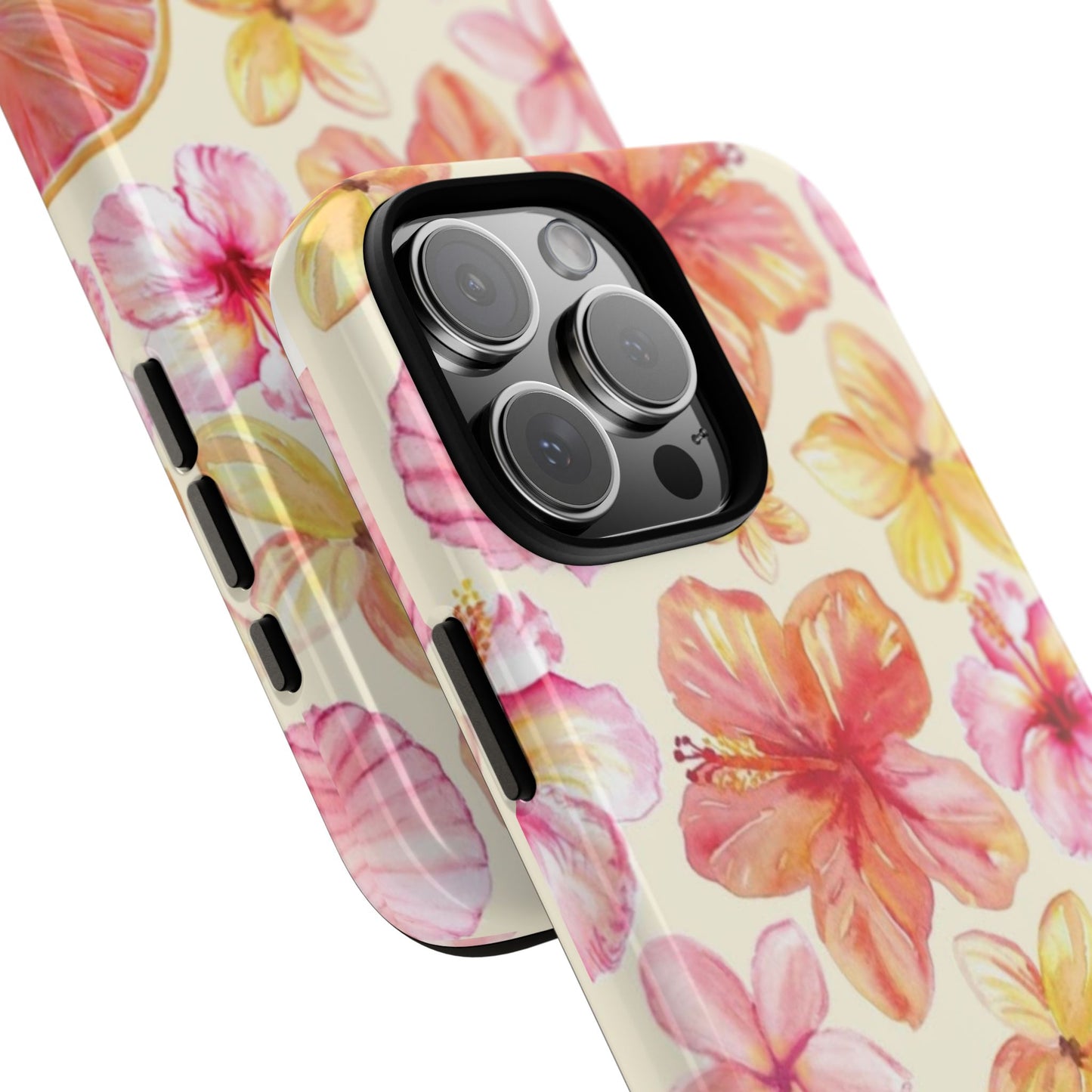 Tropical Hibiscus Tough Phone Case – Watercolor Floral & Citrus Protective Cover