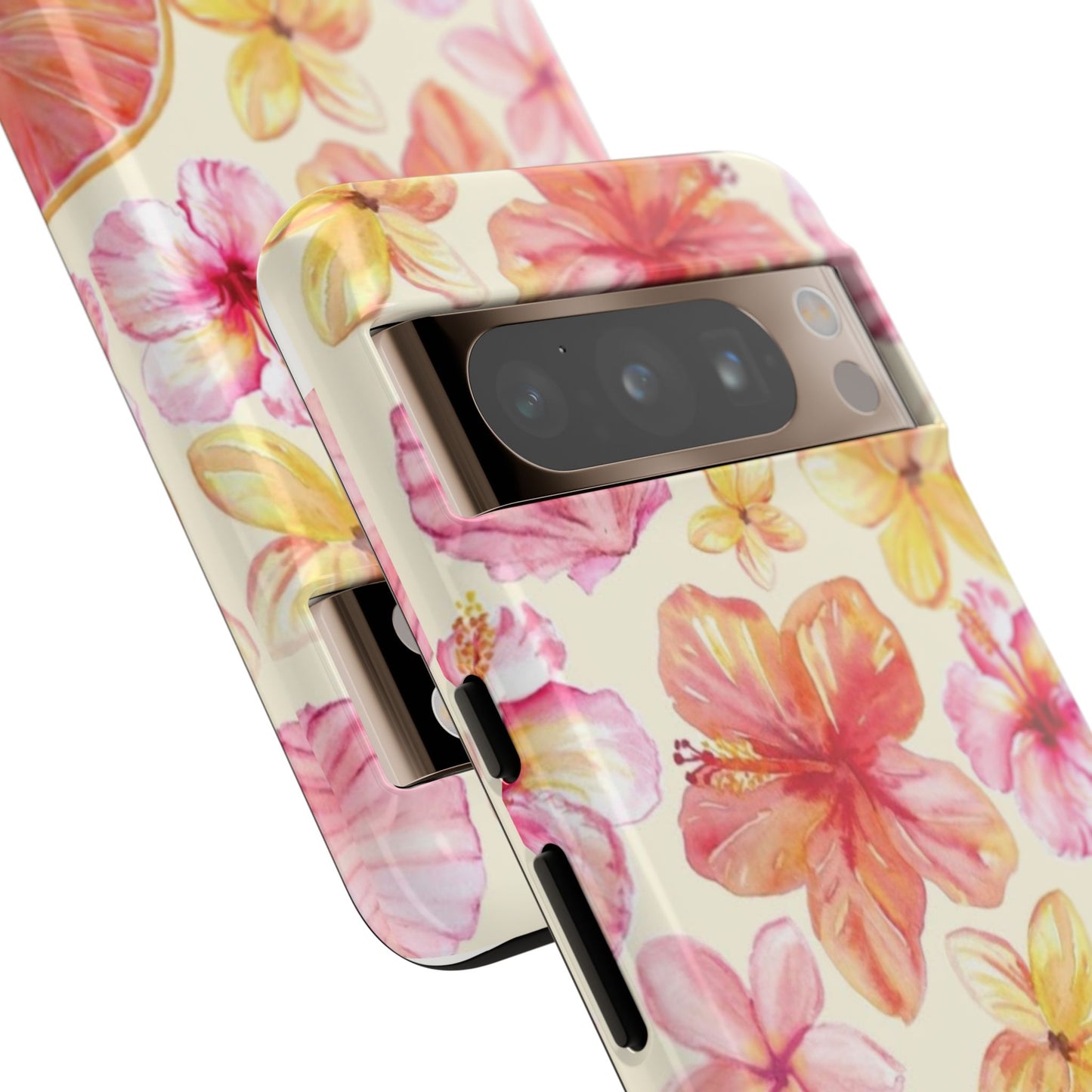 Tropical Hibiscus Tough Phone Case – Watercolor Floral & Citrus Protective Cover