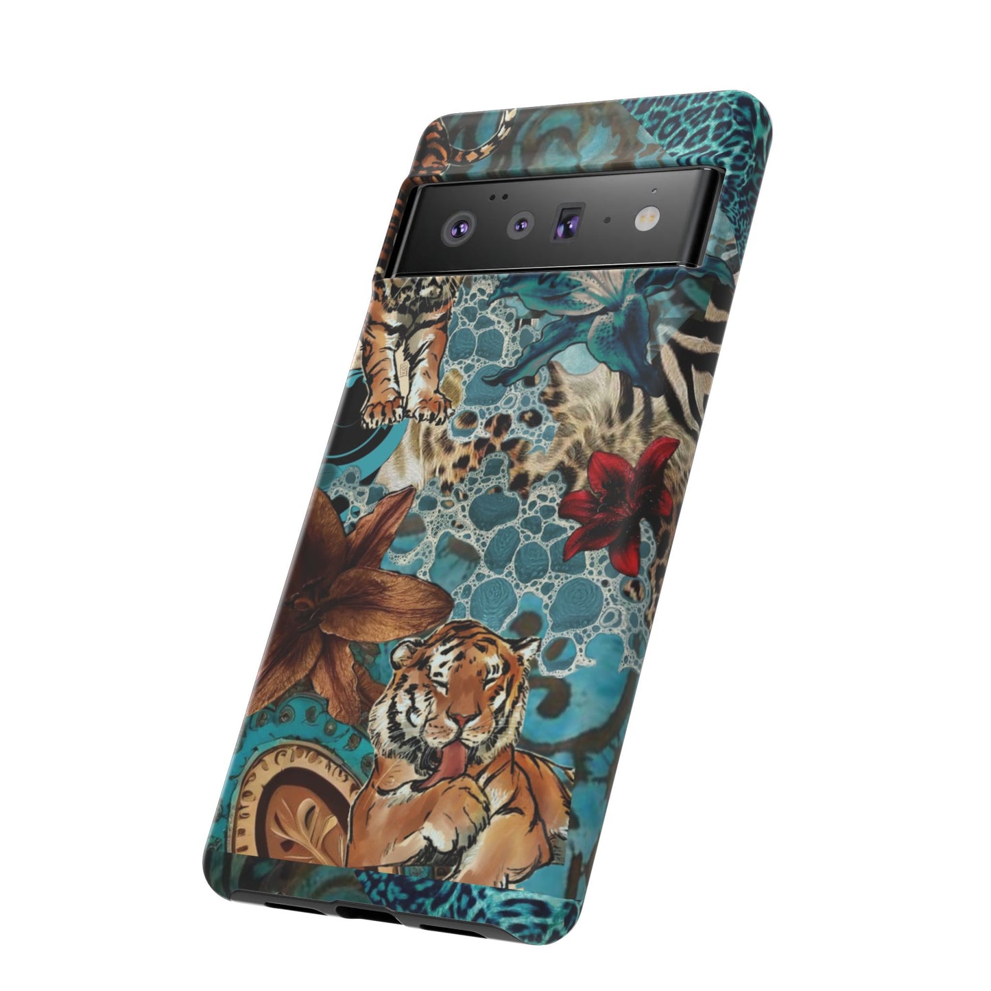 Floral Tiger Phone Case - Teal Safari Protective Cover