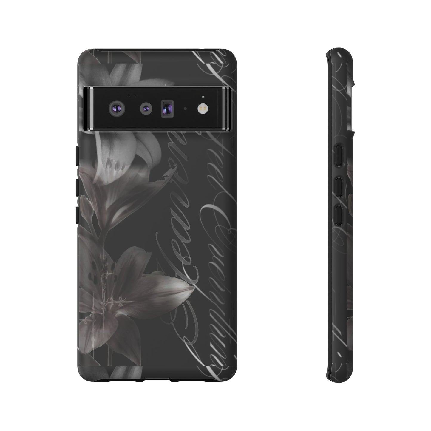 Floral Script Tough Phone Case – Black Lily Protective Cover