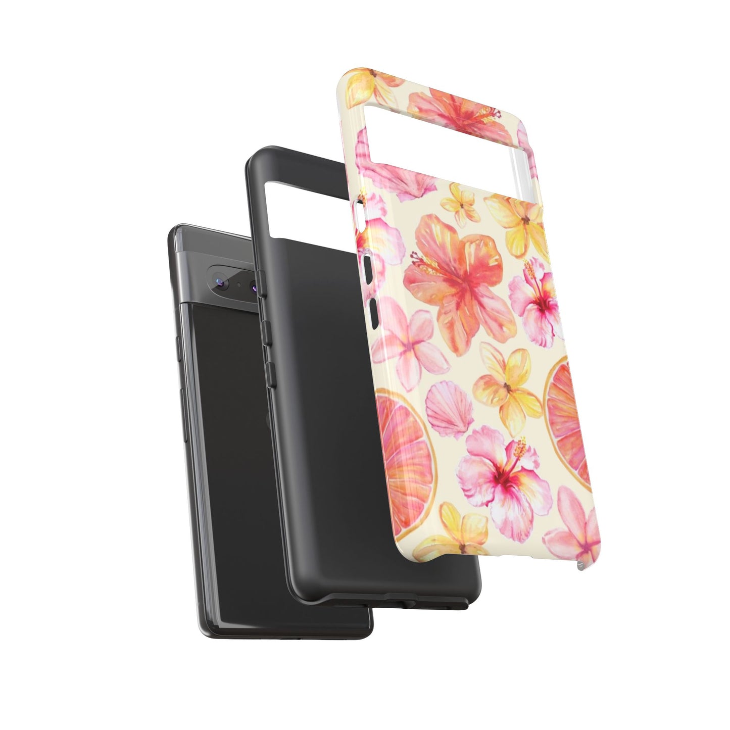 Tropical Hibiscus Tough Phone Case – Watercolor Floral & Citrus Protective Cover