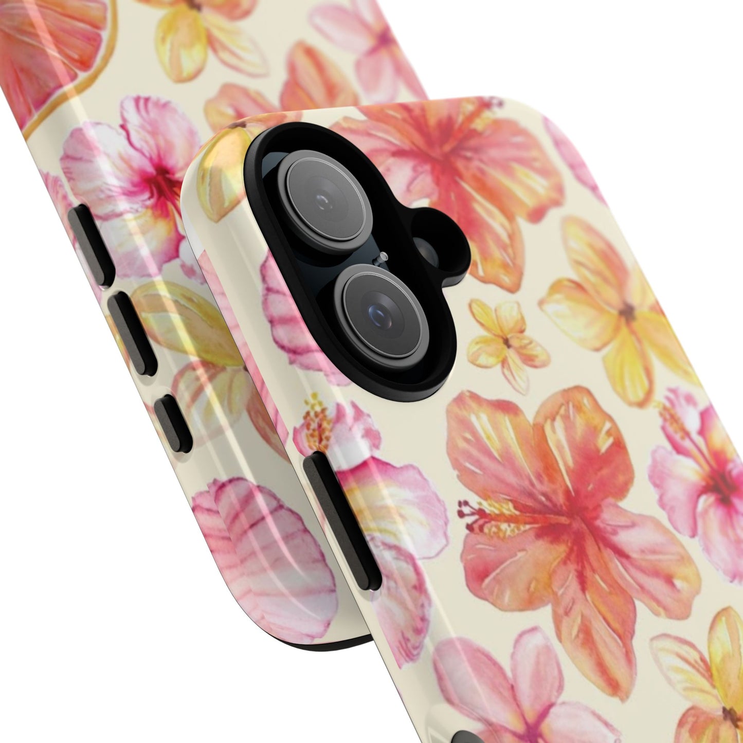 Tropical Hibiscus Tough Phone Case – Watercolor Floral & Citrus Protective Cover