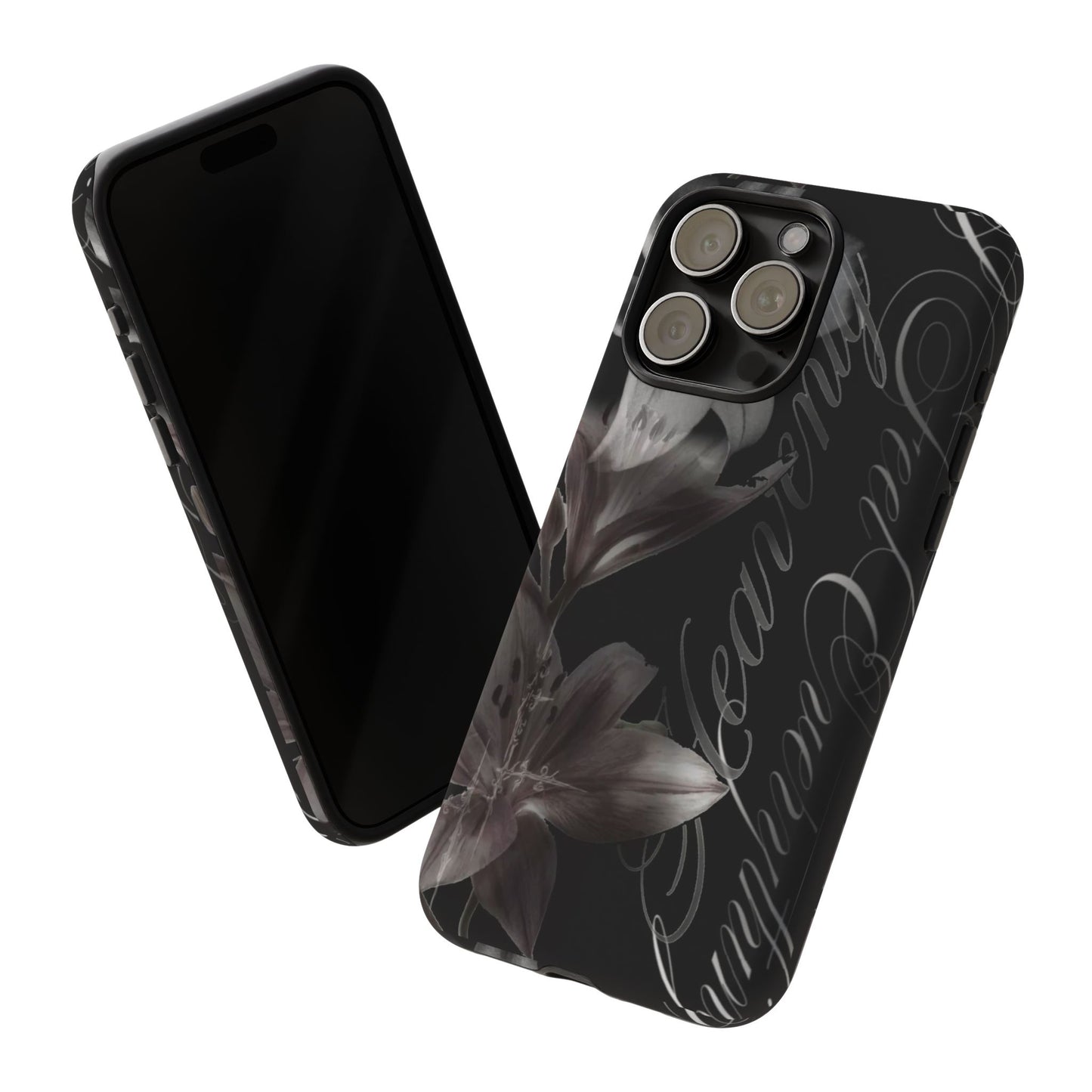 Floral Script Tough Phone Case – Black Lily Protective Cover