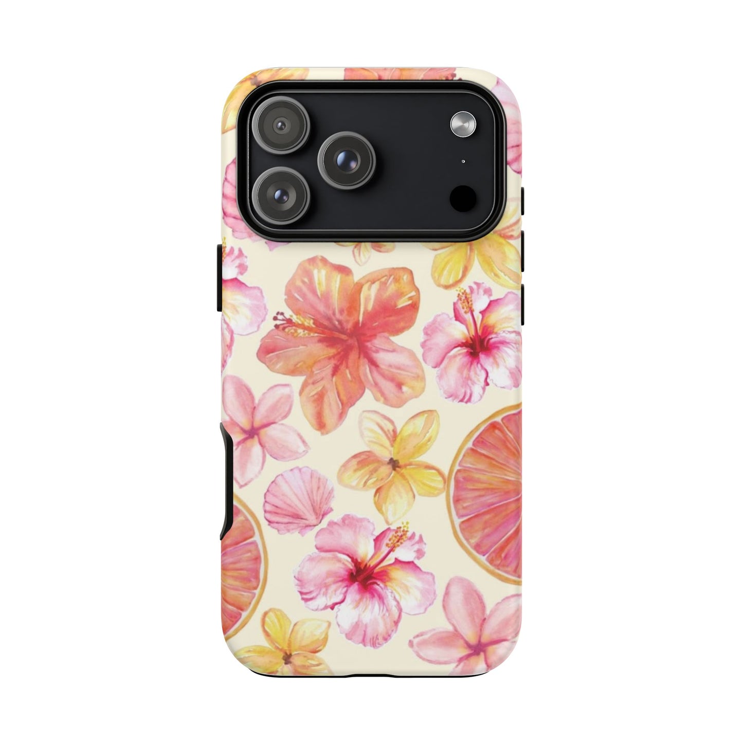 Tropical Hibiscus Tough Phone Case – Watercolor Floral & Citrus Protective Cover