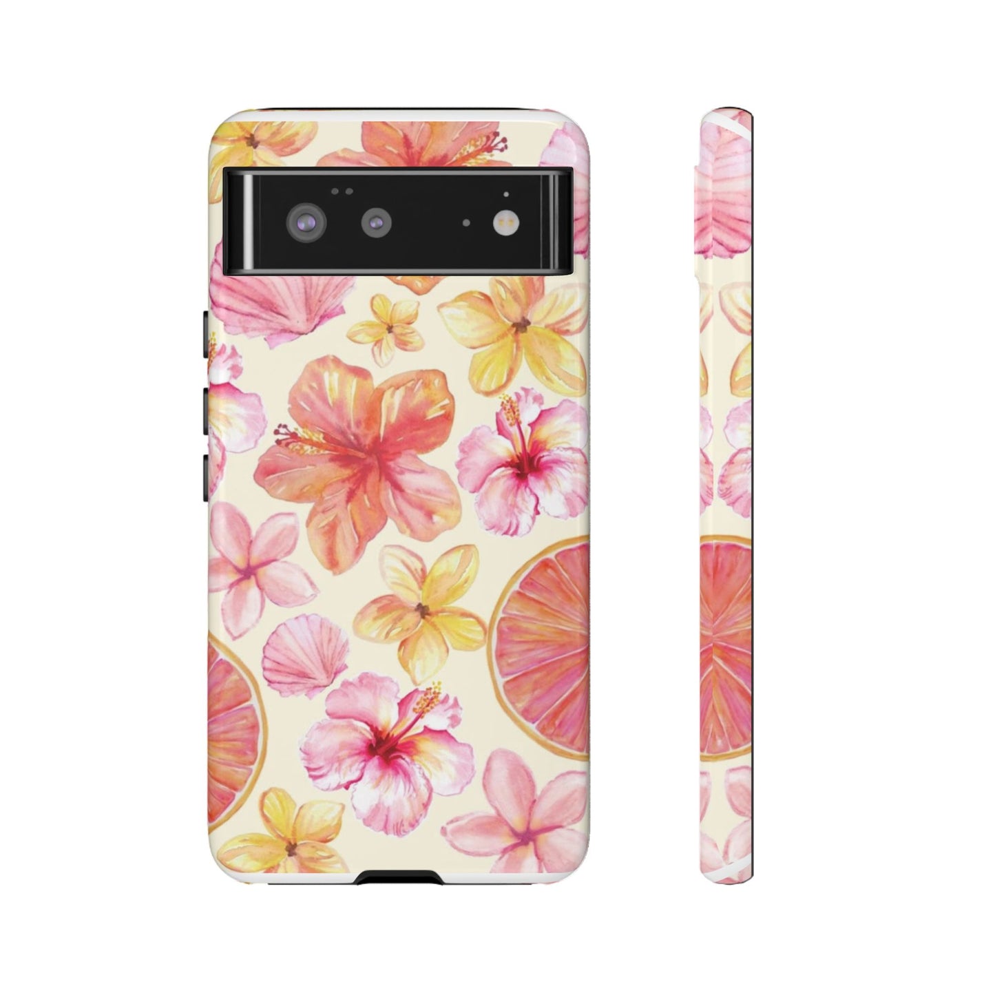 Tropical Hibiscus Tough Phone Case – Watercolor Floral & Citrus Protective Cover