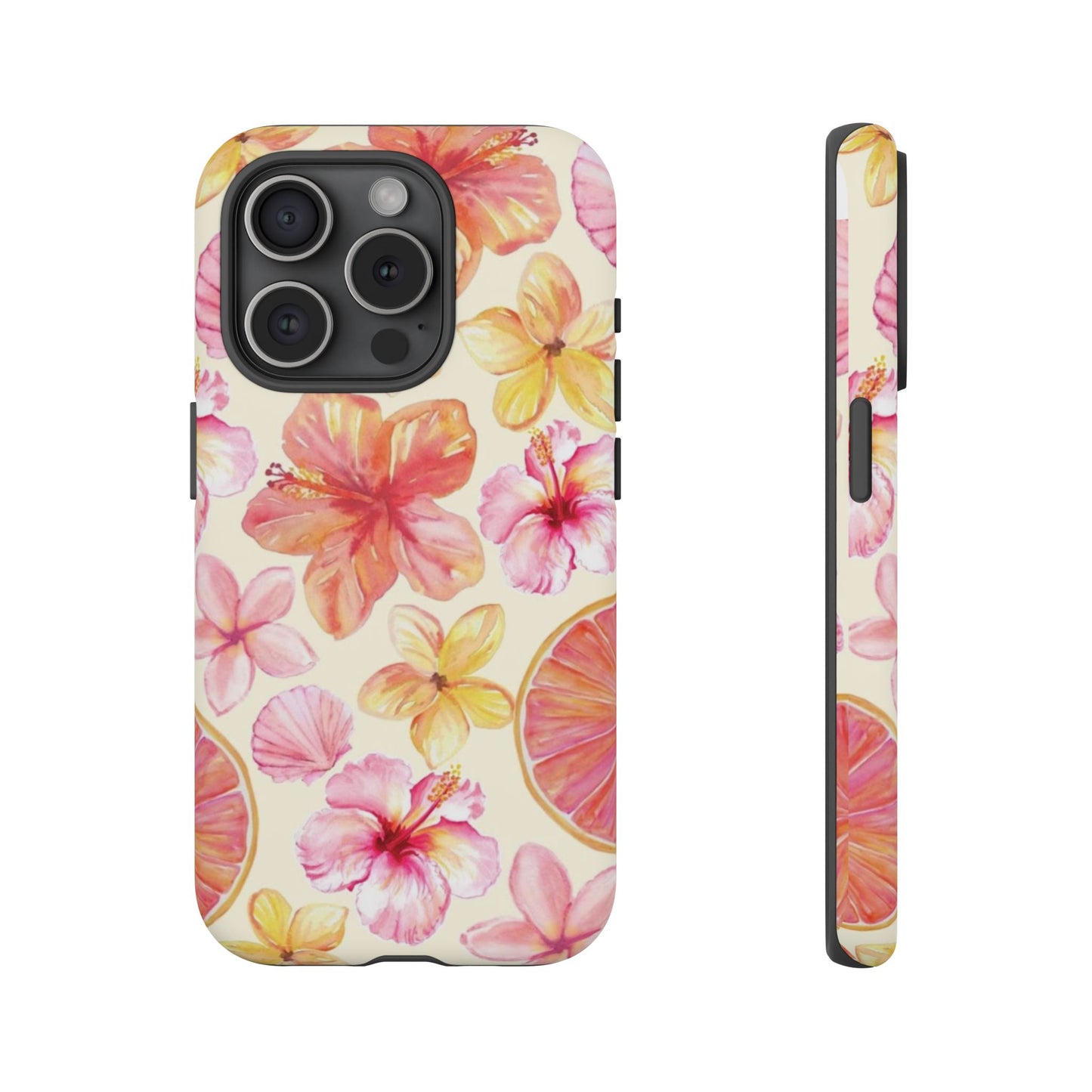 Tropical Hibiscus Tough Phone Case – Watercolor Floral & Citrus Protective Cover